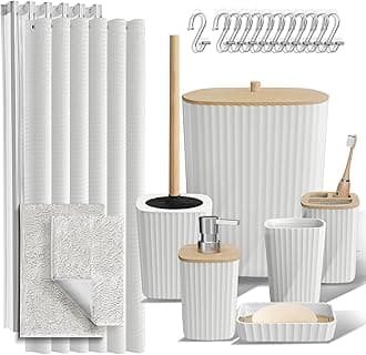 Clara Clark Bathroom Accessories Set - Bathroom Set, Bathroom Sets with Shower Curtain and Rugs, Shower Curtain Set with Bathroom Trash Can - White - 22PC