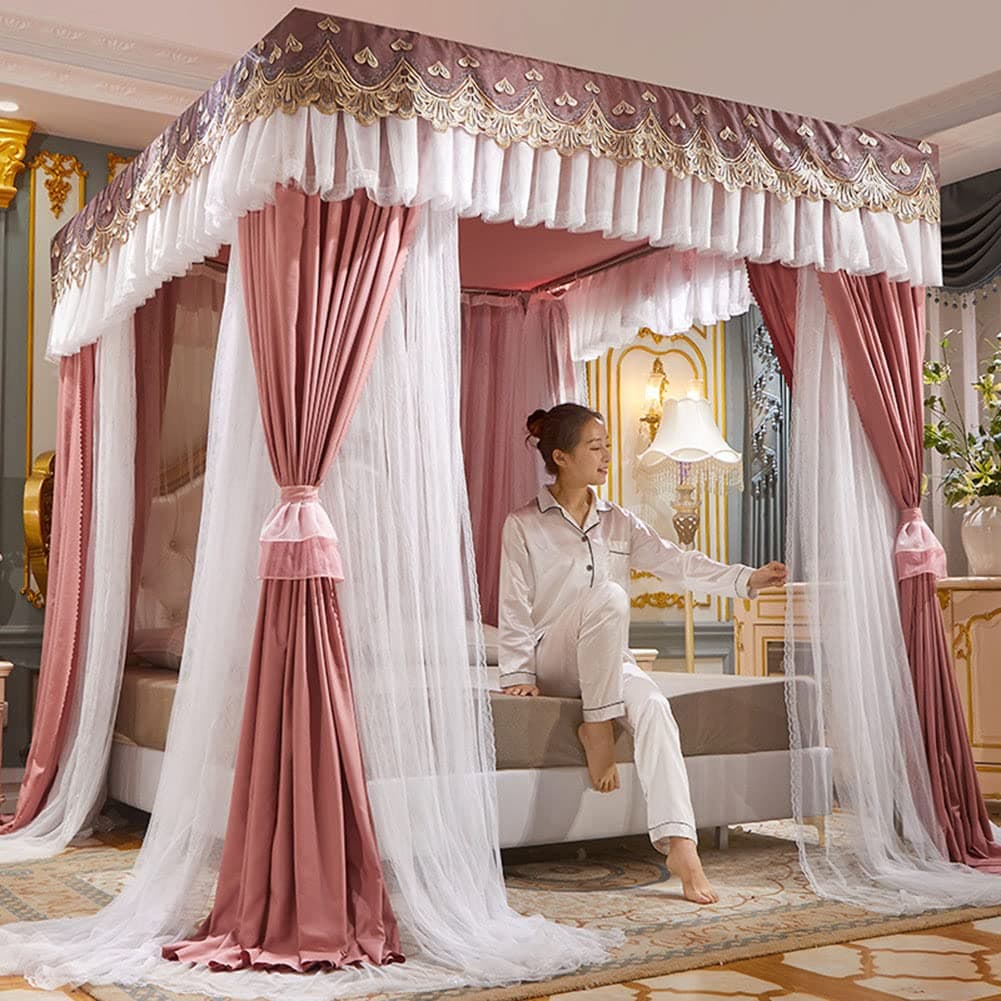 Bed Curtain Four Poster Bed Canopy Net Double Layer Princess Curtains Canopy for Girls Single/King Size Bed with Frame, 150 × 200 × 200 cm