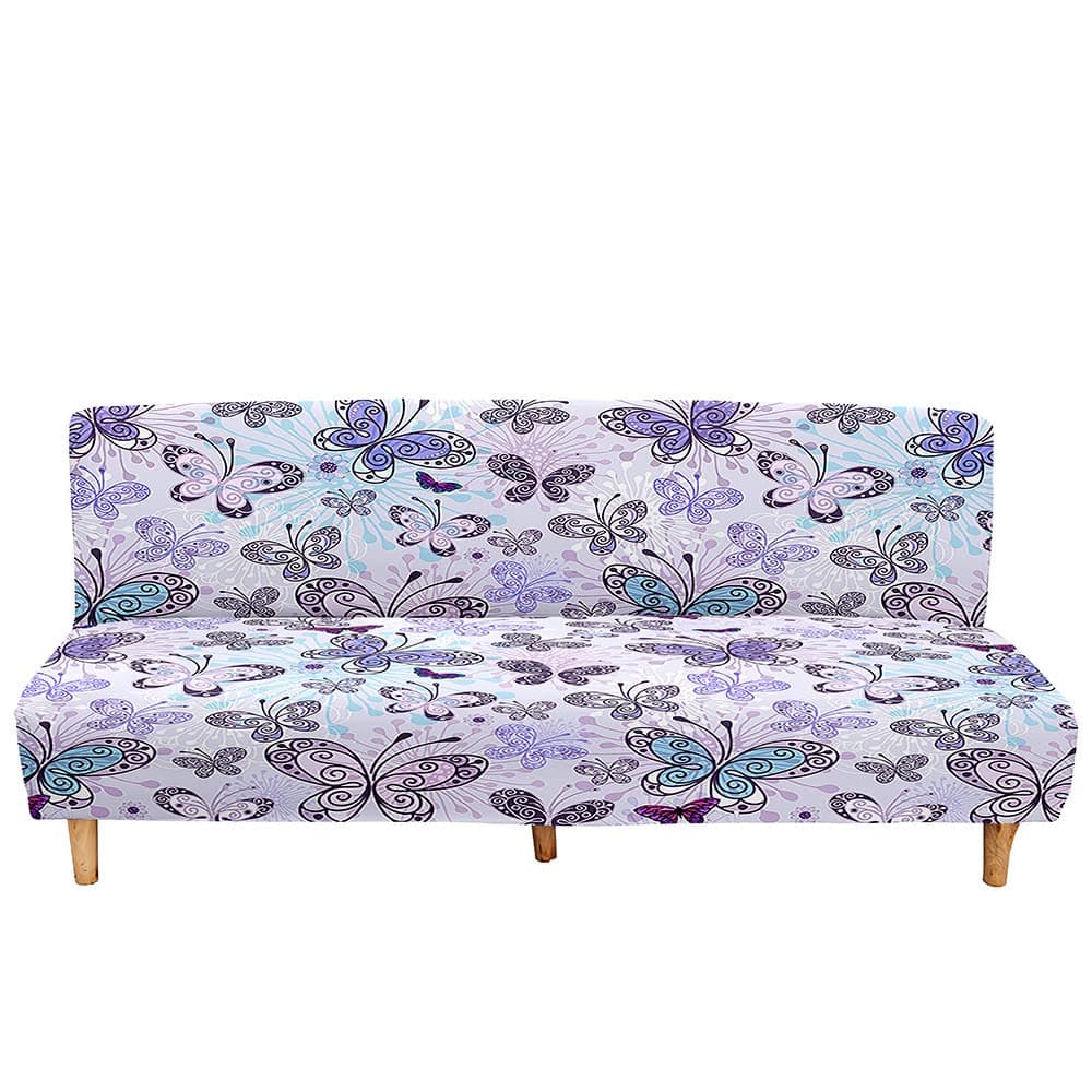 Mateju Armless Sofa Bed Cover, Butterfly Pattern Folding Sofa Bed without Armrests, Non Slip Stretch Futon Slipcover Protector for 2-3 Seater, Washable Couch Bed Slipcovers (Light purple,120-150cm)