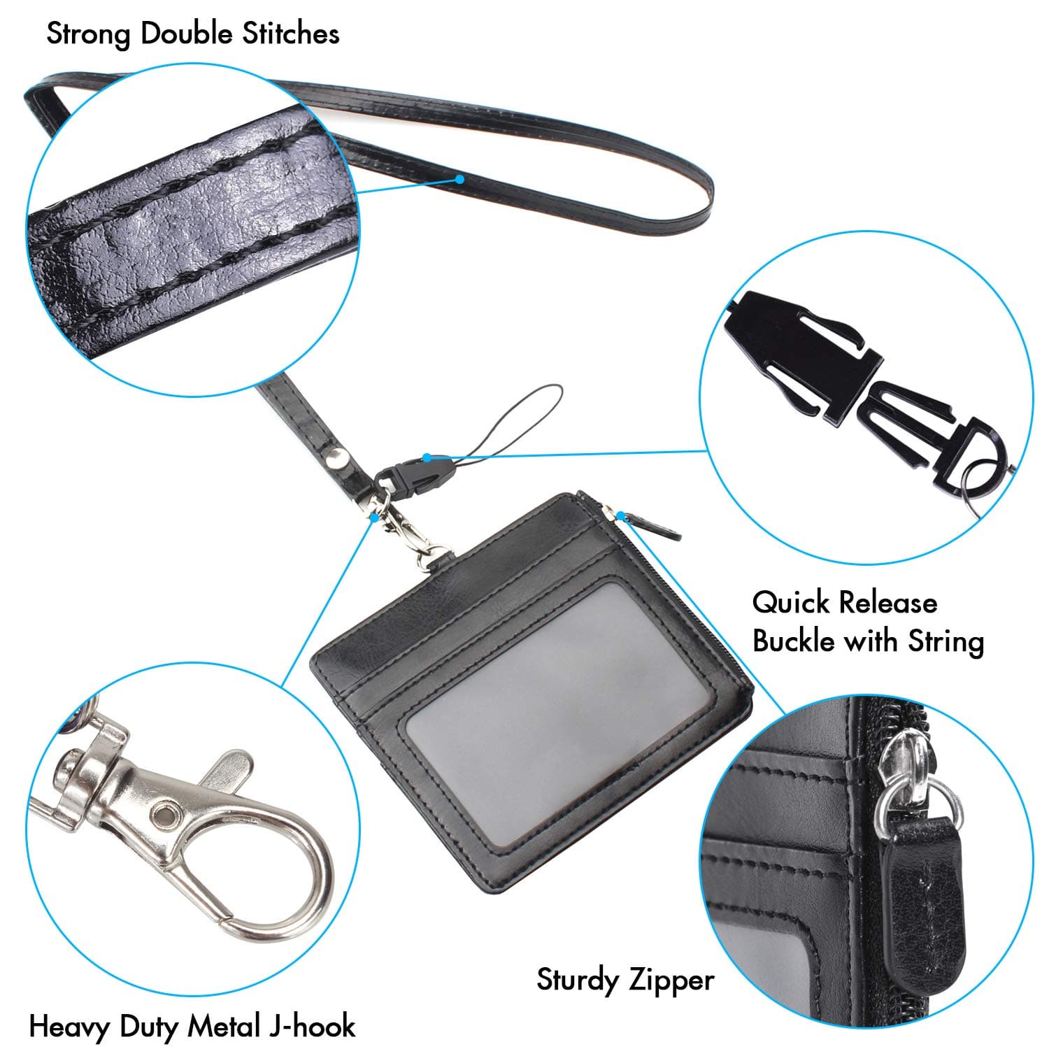 Wisdompro ID Case with Strap, Leather Card Holder with 1 Zip Pocket, 1 Transparent ID Window, 4 Card Slots, 50 cm Lanyard (Black/Horizontal)