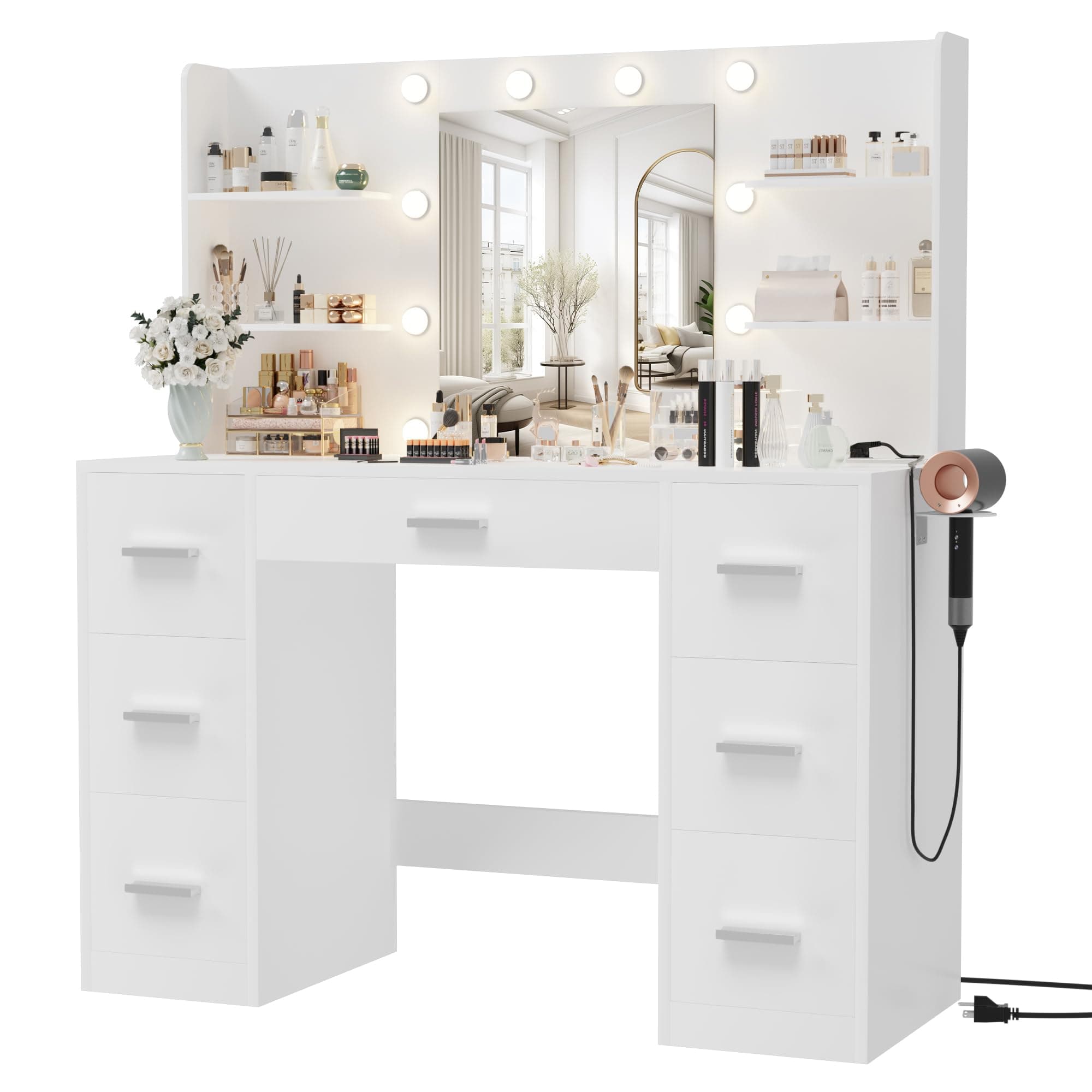 Furmax Vanity Desk with Mirror LED Light Outlet Makeup Vanity Table with 7 Drawers and 6 Storage Shelves Dressing Table for Bedroom/Dressing Room (White)