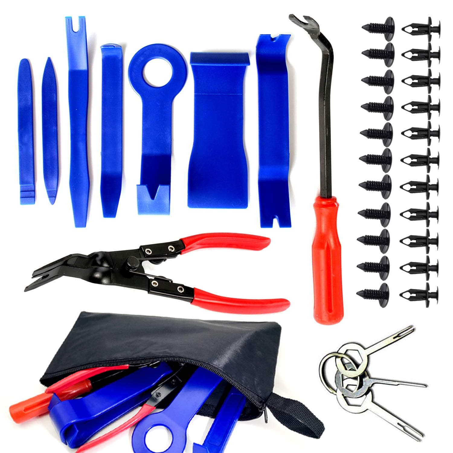 Auto Trim Removal Tool Set -12PC Car Scratch Remover Nylon Auto Upholstery Trim Tools Clip Pliers & Fastener Remover for Door Trim and 40PC Nylon Universal Fastener Rivet Clips