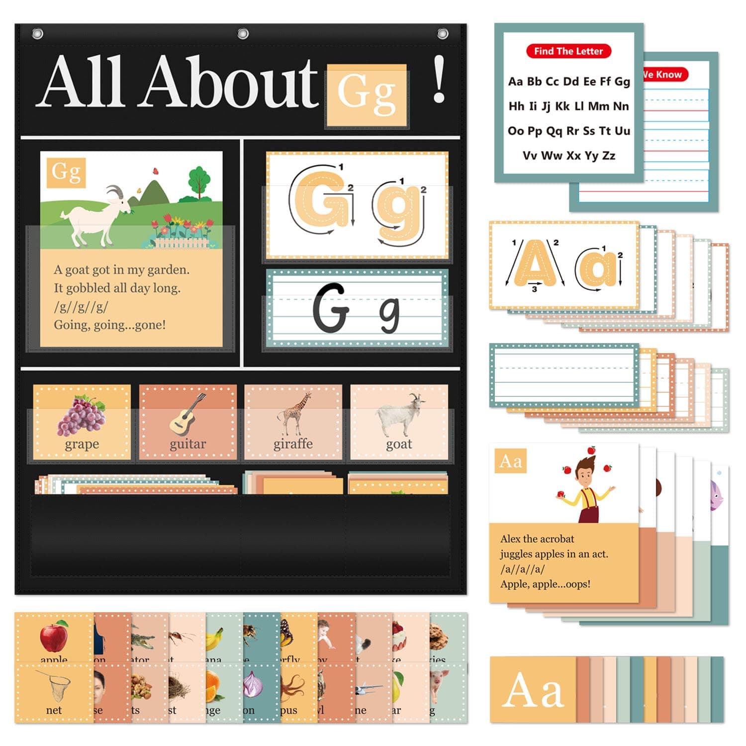 All About Letters Pocket Chart with ABC Flash Cards, 34" X 27", Letter of The Day/Week Daypocket Chart, Letter Tracing Learning Educational Wall Chart Preschool Classroom Homes, Black