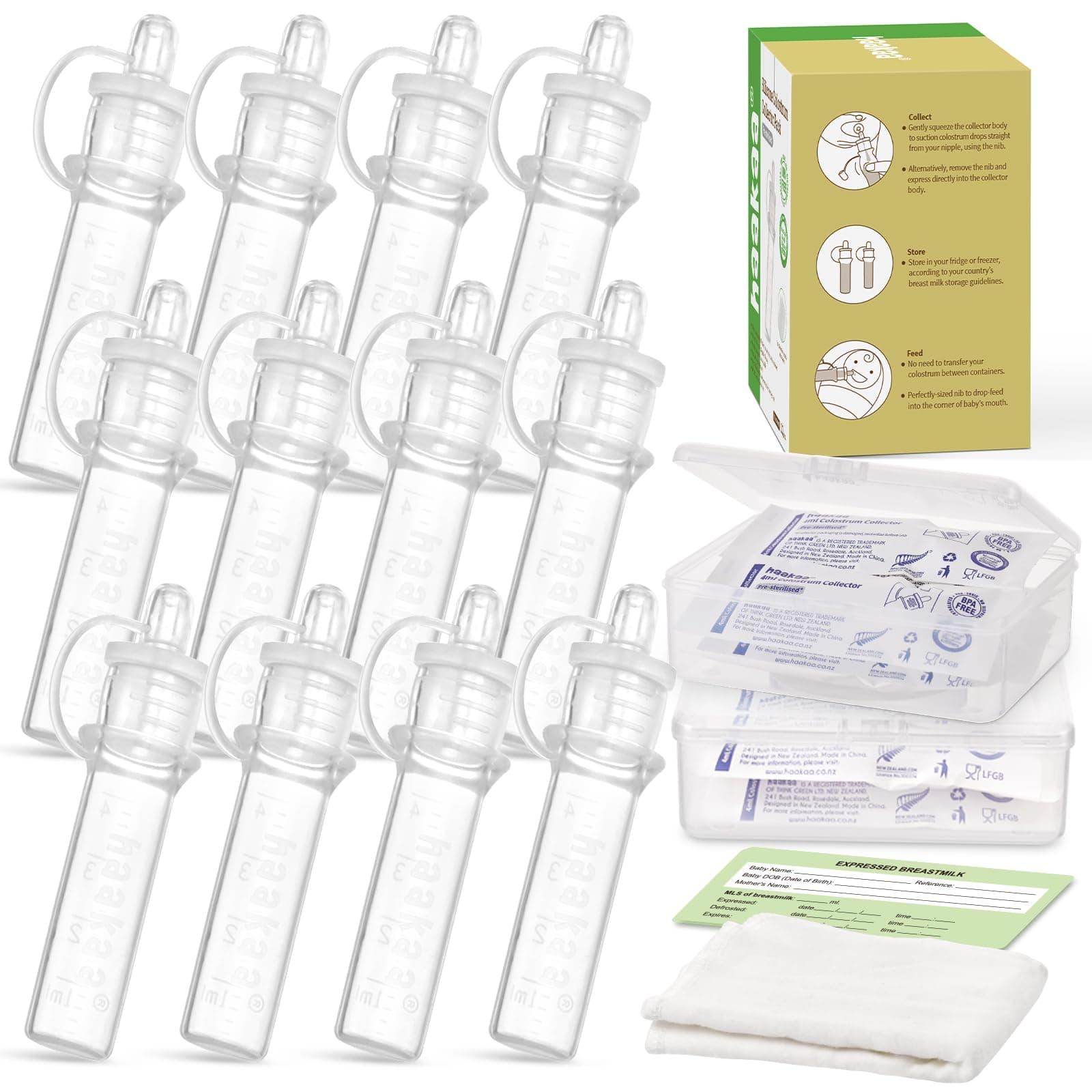 Haakaa Colostrum Collector Sets Includes 2 Portable Cases and 2 White Cotton Cloth Wipes for Breastfeeding Moms to Collect Store and Feed Colostrum, 4ml/12pcs