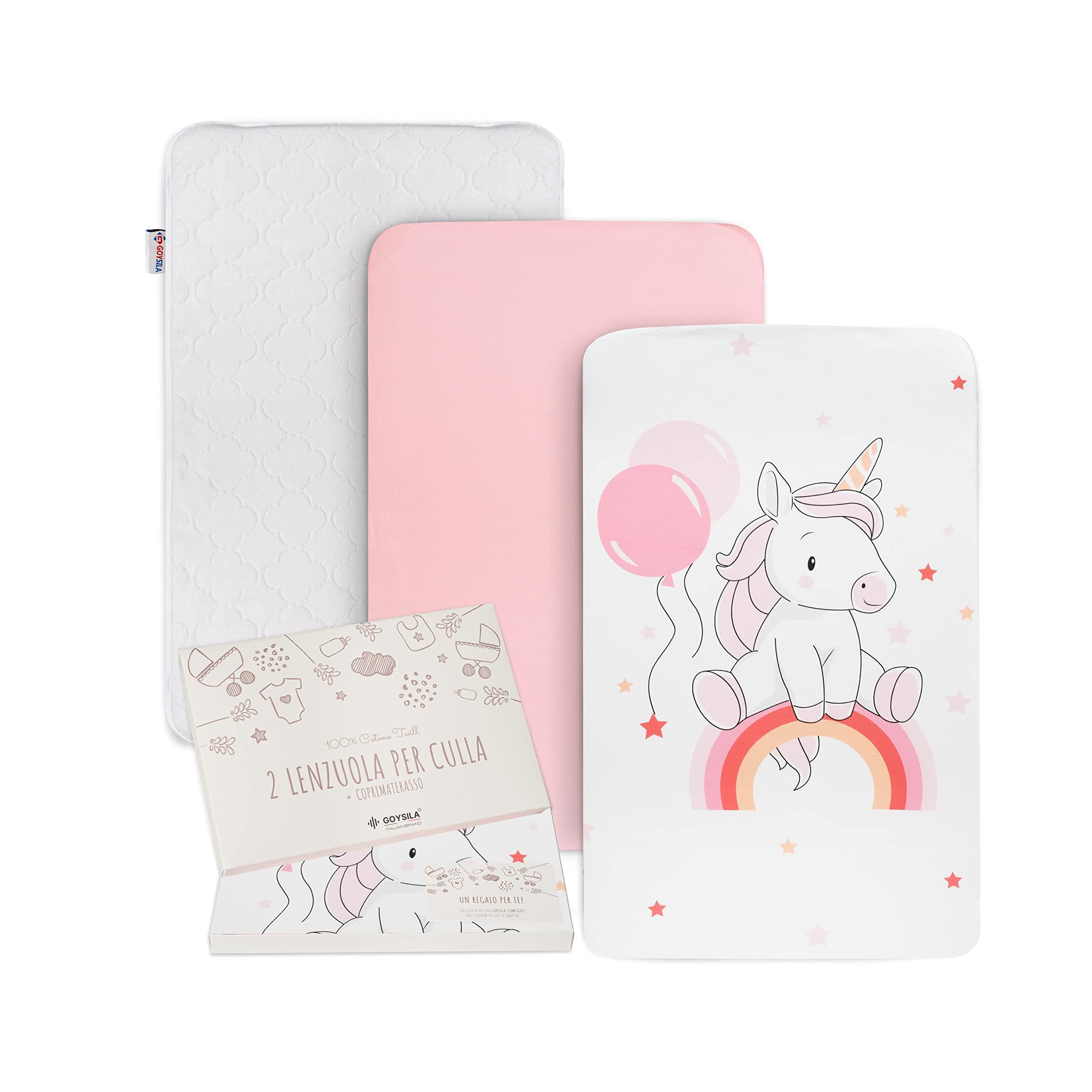 GOYSILA Next To Me Fitted Sheets Next2Me 3-Piece Set Mattress Protector 100% Cotton Oeko-Tex Mattress 83x50 Complete Crib Cosleeping Corners Baby Cot Bed Unicorn