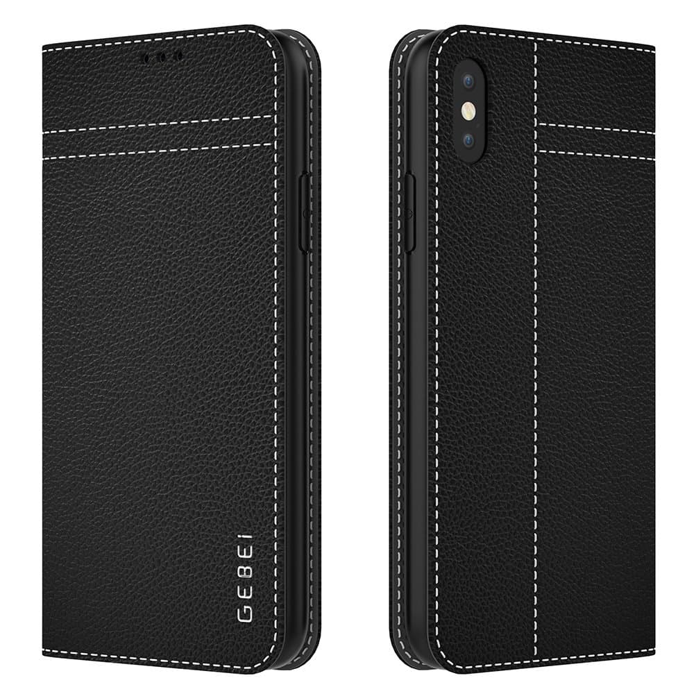 Amabin iPhone X Case, iPhone 10 Case, Genuine Leather Card Slot Hidden Magnetic Book Stand Slim Flip Folio Wallet Protective Case Cover for Apple iPhone X/iPhone 10 (2017) - Black