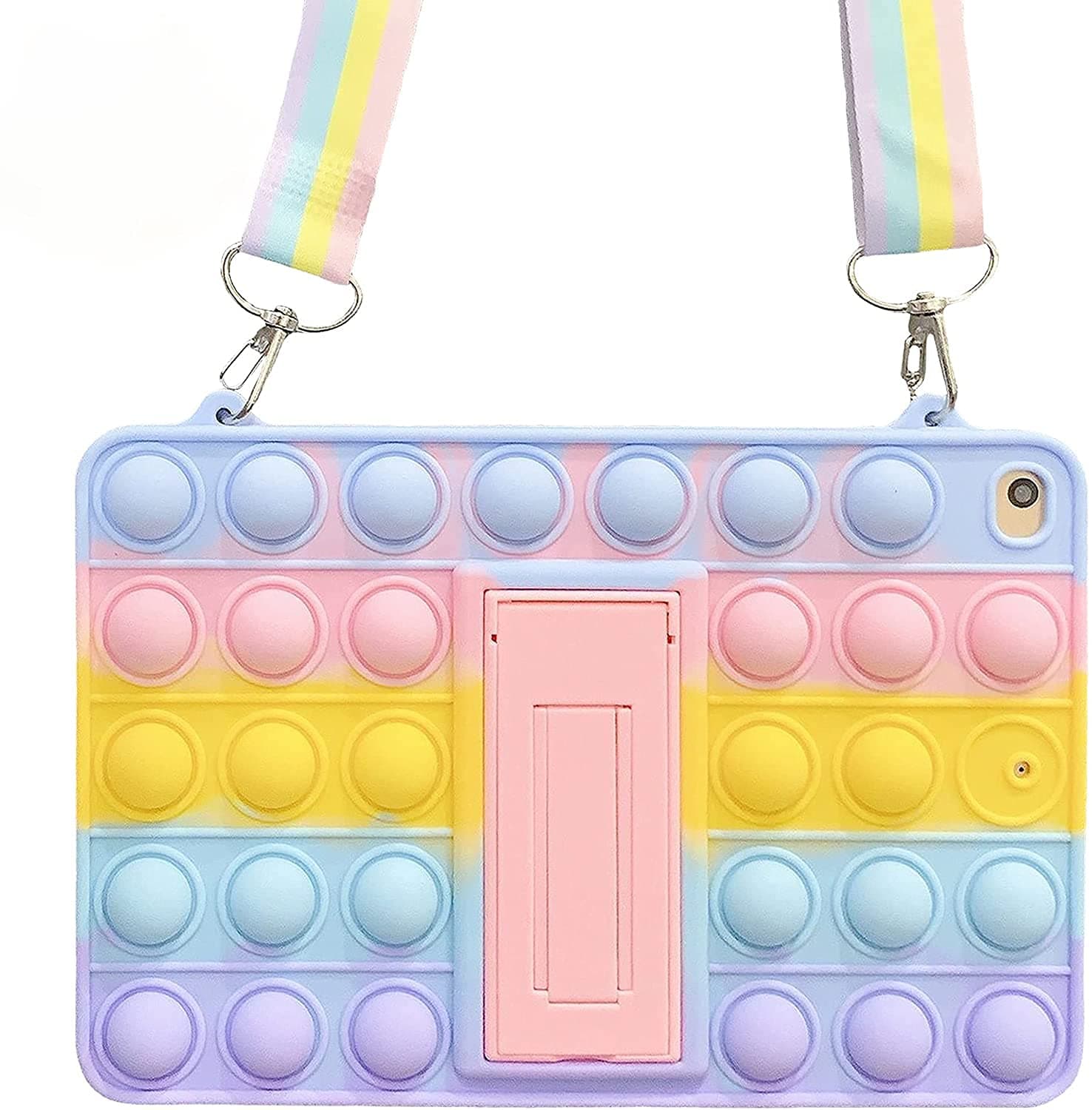 for iPad 7th Gen./New iPad 8th Gen. 10.2 inch 2019/2020 Case, Cute Bubble Fidget Reliver Stress Toys Case for Kids Silicone Antistress Protective Cover with Fold Kickstand + Neck Lanyard - Rainbow