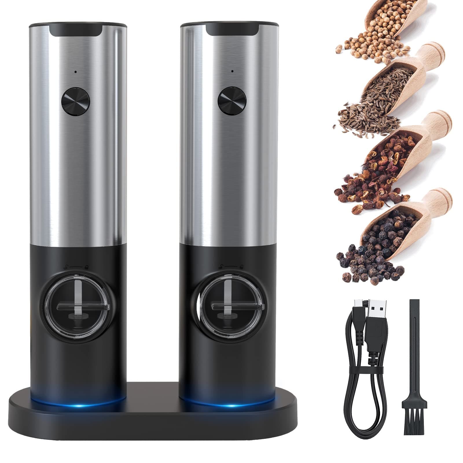 Electric Salt and Pepper Grinder Set,Automatic Pepper Mill Grinder,Adjustable Coarseness,One-Handed Operation,USB Rechargeable,Refillable,Pepper Mill Shakers Set with Charging Base,Led Light