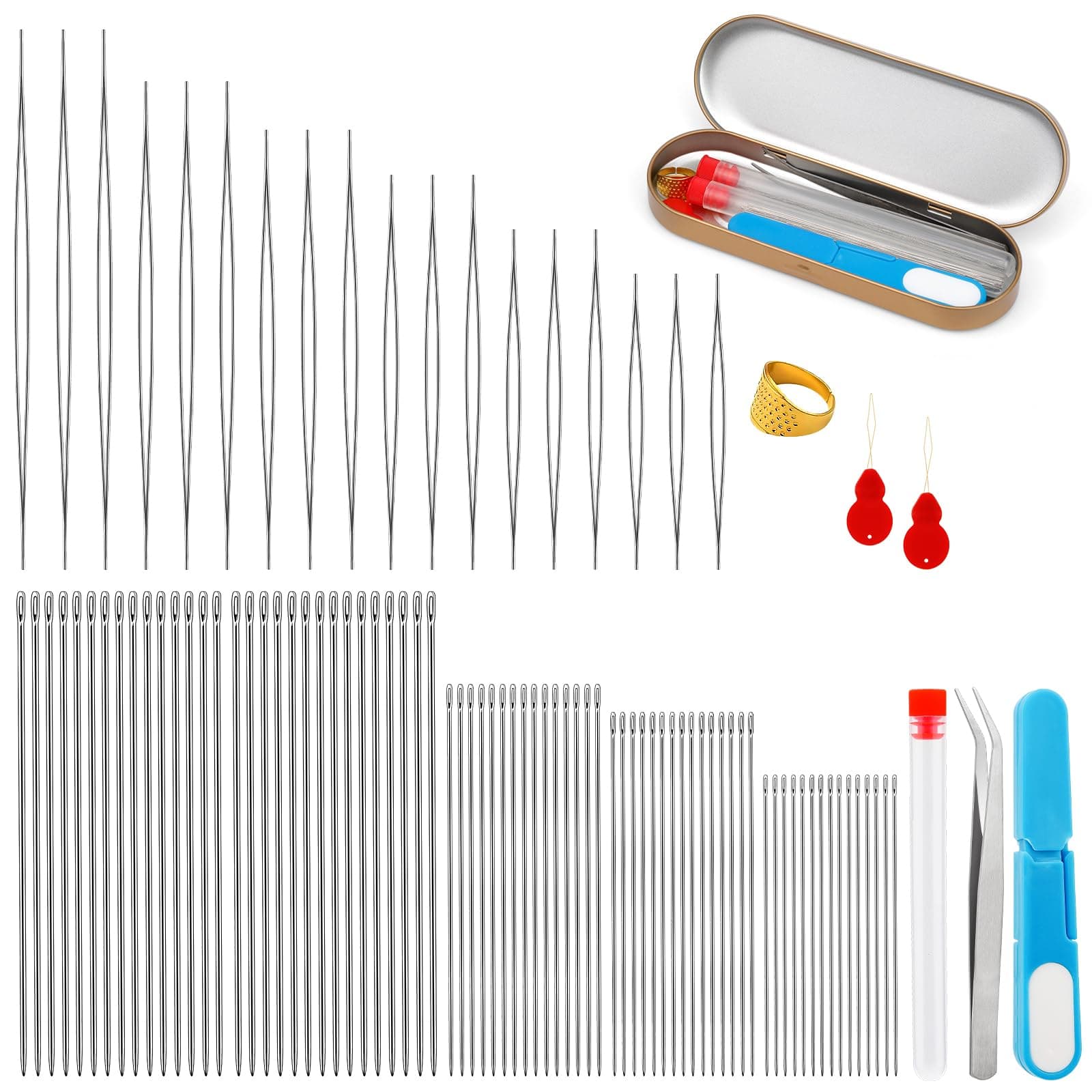 100 Pcs Beading Needles Set,75 Pcs Long Straight Beading Thread Needles 18 Pcs Big Eye Beading Needles with Threader, Needle Bottle, Yarn Scissors,Tweezers for Bracelets and Jewelry Making