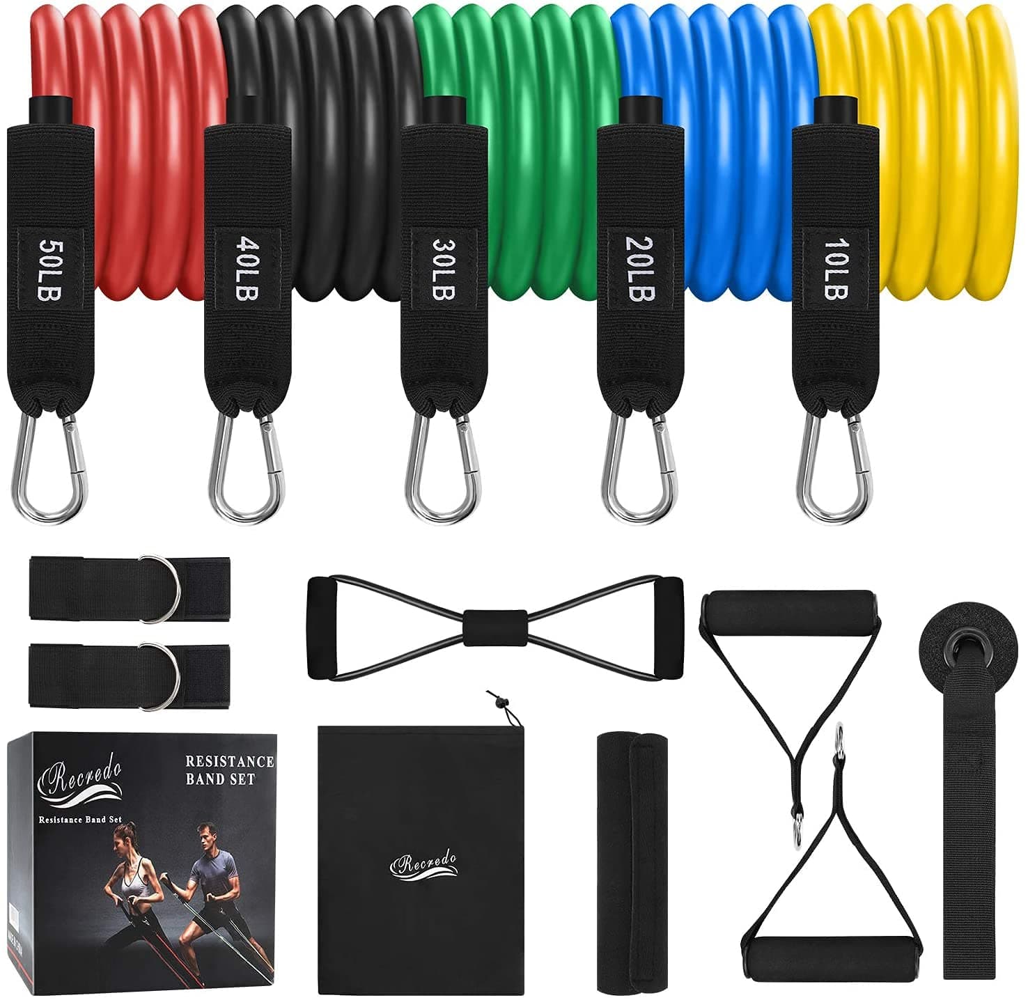 Resistance Bands Set 13pcs, Workout Bands Recredo, Exercise Bands Set with Door Anchor, Handles and Ankle Straps, Stackable Up to 150 lbs, for Resistance Training, Physical Therapy, Home Workouts