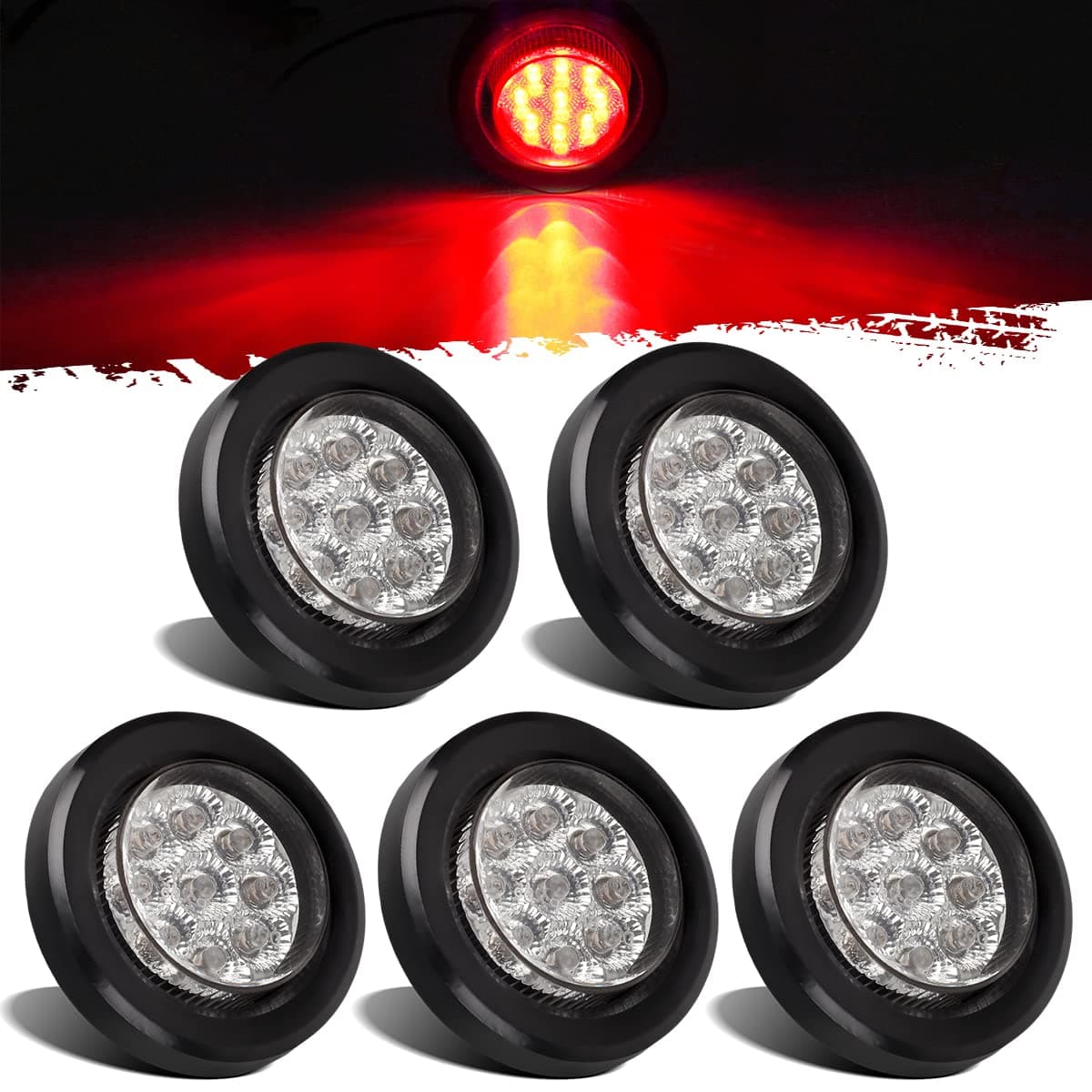 Partsam 5x 2 LED Marker Light Cab Panel Light, 2 inch Red 9 LED Round Clearance Lights w Grommet/Pigtail for Trailer Truck RV Camper, Clear Lens