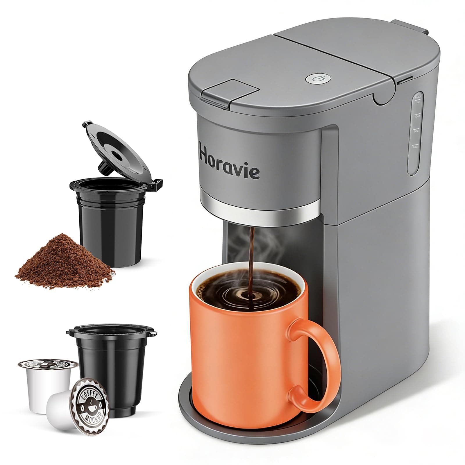 Horavie Small Single Serve Coffee Maker, Fast Brew One Cup Coffee Machine for K Cup and Grounds, 6 to 12 oz. Brew Sizes, Capsule Coffee Machine with Descaling Reminder and Viewing Tank, Grey