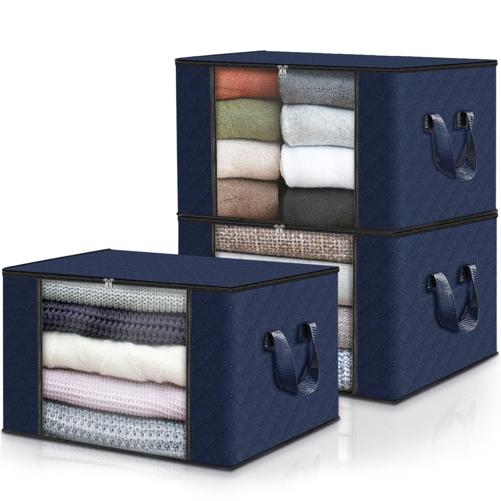Fab totes 3 Pack Clothes Storage, Foldable Thick Fabric Blanket Storage Bags, Containers for Organizing Bedroom, Closet, Clothing, Comforter,Closet Organization with Handle,Blue
