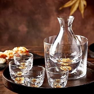 Sake Set for 4, Crystal Sake Glass Decorated with 24K Gold Leaf Flakes, 1 Sake Bottle, 1 Sake Tank and 4 Sake Cups/Shot Glass, Cold Sake Carafe, Beautiful & Luxury Japanese Gifts Set - 6 pcs