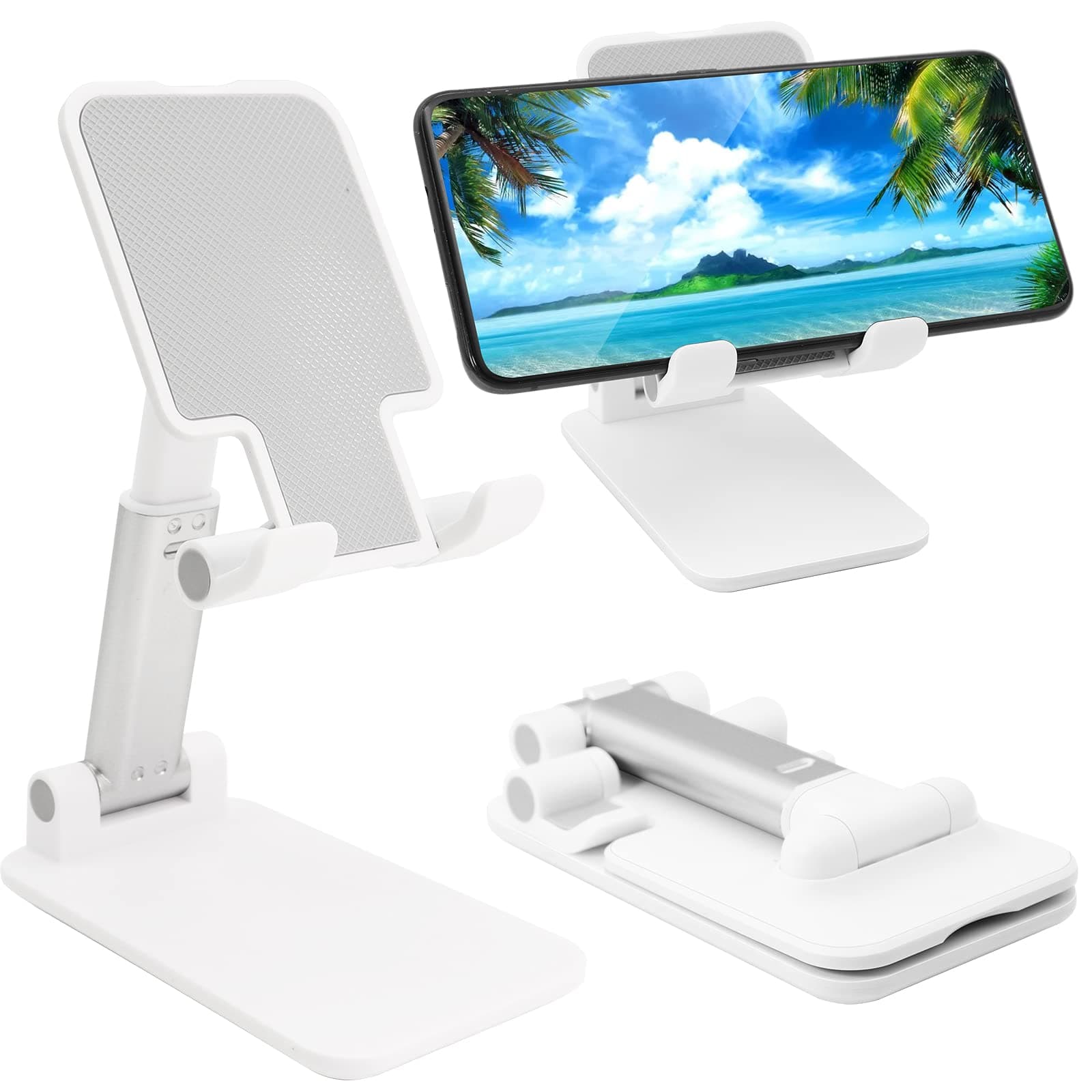 Cell Phone Stand, Folding Desktop Phone Stand, Angle Height Adjustable Mobile Phone Holder for Desk, Office, Tablet Stand Compatible with All Phones 4-10 Inches Cell Phone/Tablet (White)