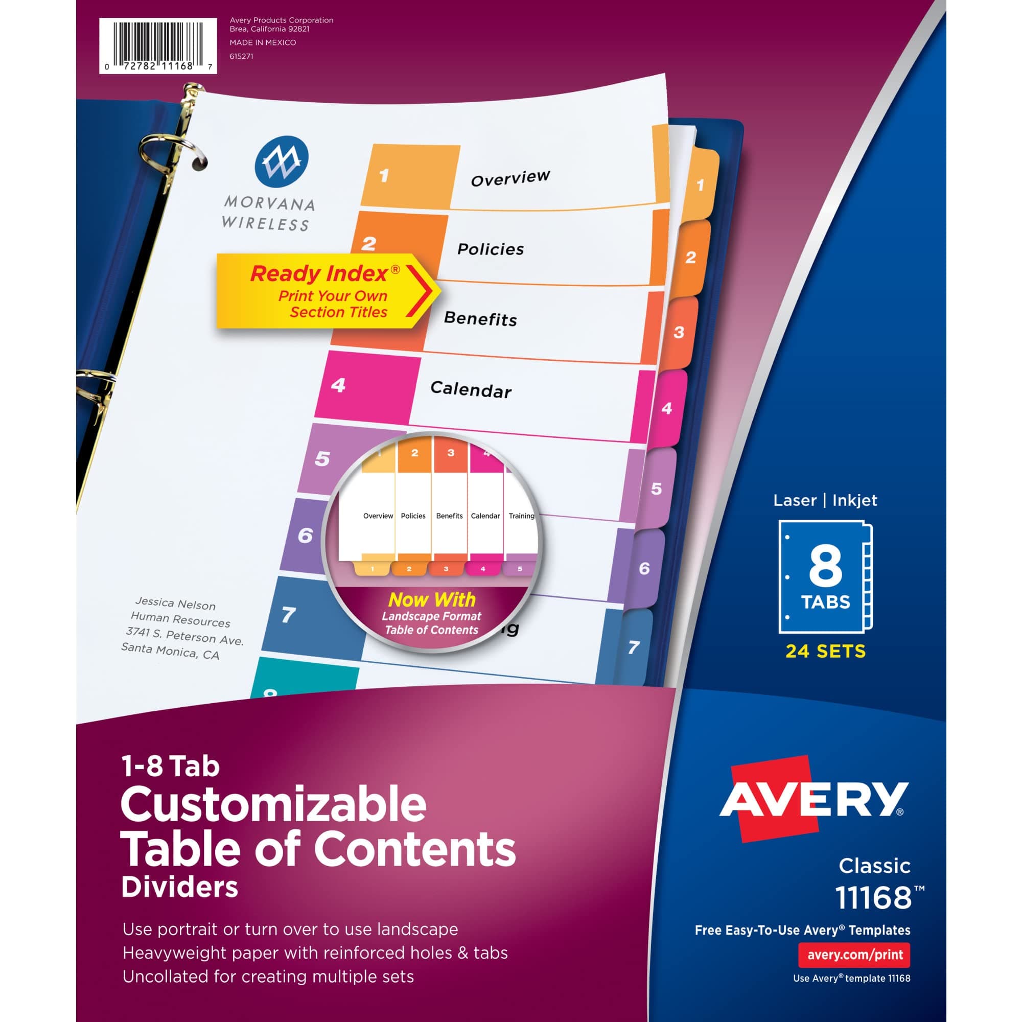 Avery Dividers for 3 Ring Binders, 8 Tabs per Set, Customizable Table of Contents, Multicolor Tabs, Great for Organizing High-Volume Reports, Projects, and More (24 Sets of 11168)