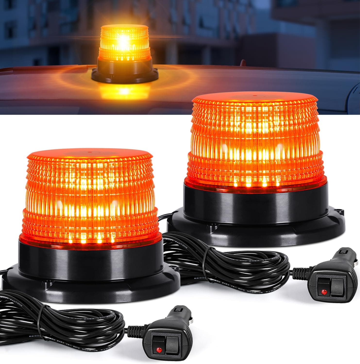LINKITOM 2pcs LED Rotating Strobe Beacon Lights, 12V-24V Amber 40 LED Flashing Warning Safety Flashing Lights with Magnetic for Vehicle Forklift Truck Tractor Golf Carts UTV Car Bus