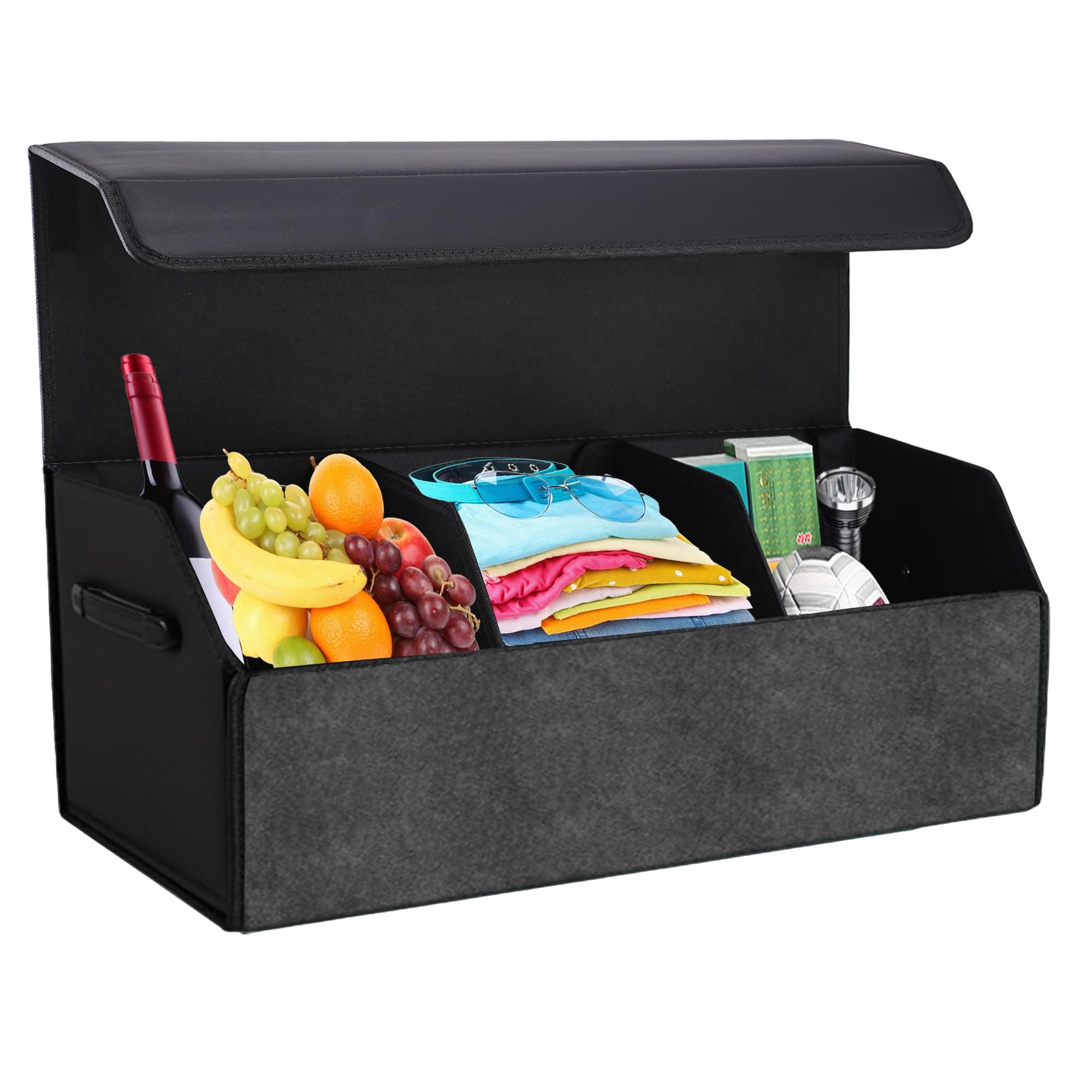 Trunk Organizer for Car, Leather Storage Box with Lid, Foldable Trunk Organizer for SUV, Waterproof Cargo Storage Box Collapsible and Adjustable with Magnetic Lock (Black)