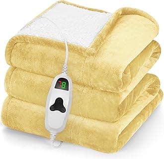 greenoak Heated Blanket Electric Throw 50"X60", Heating Blankets with 10 Heat Levels 8 Hours Auto-Off, Soft Flannel Sherpa Fluffy House Warming Gifts for Grandma Seniors Mom,Cream Yellow
