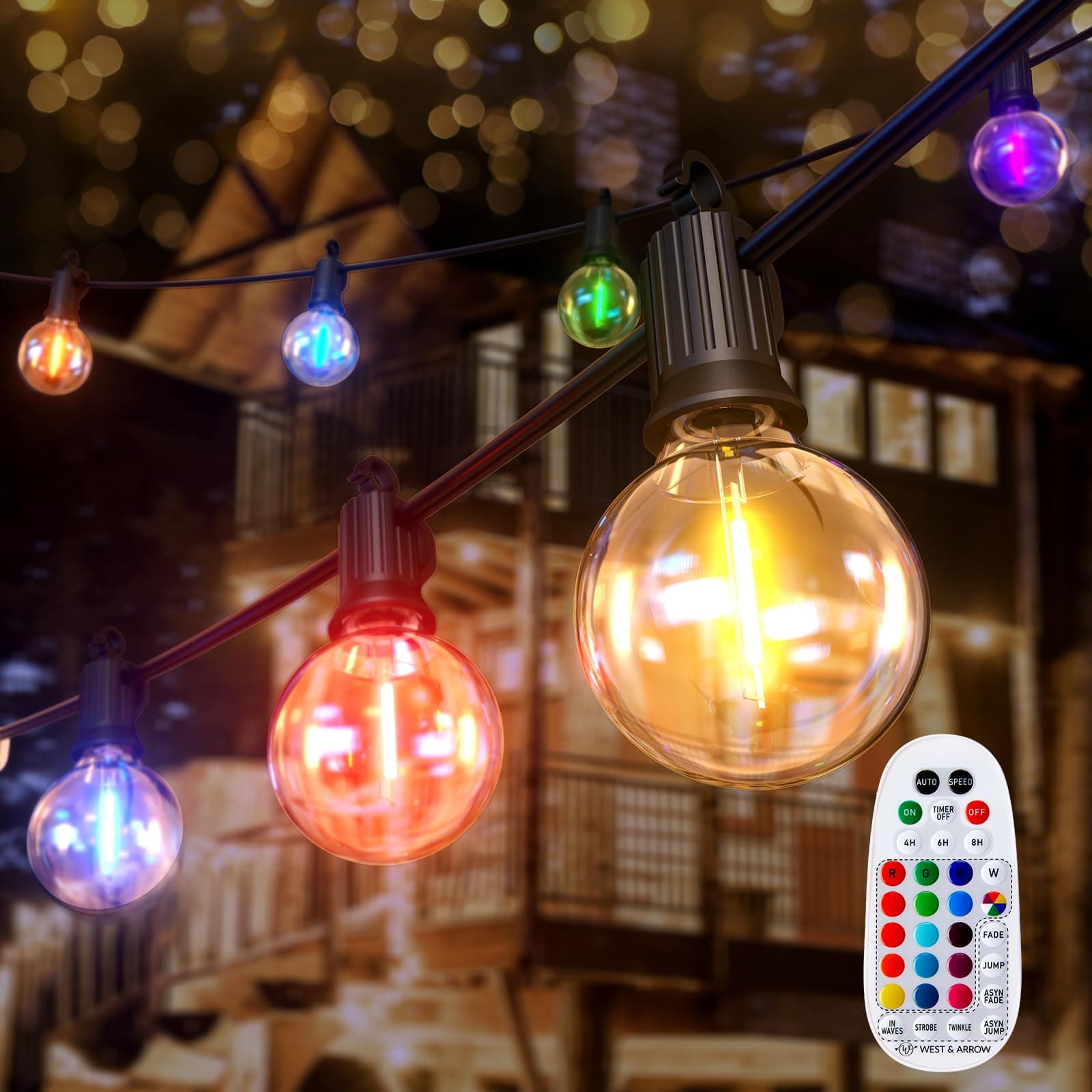 Brightown RGBW Outdoor String Lights, 29FT LED Patio Lights with Remote and Timer, Commercial Grade Waterproof Hanging Lights with 13 Shatterproof Bulbs(1 Spare) for Backyard Porch Garden Party Decor