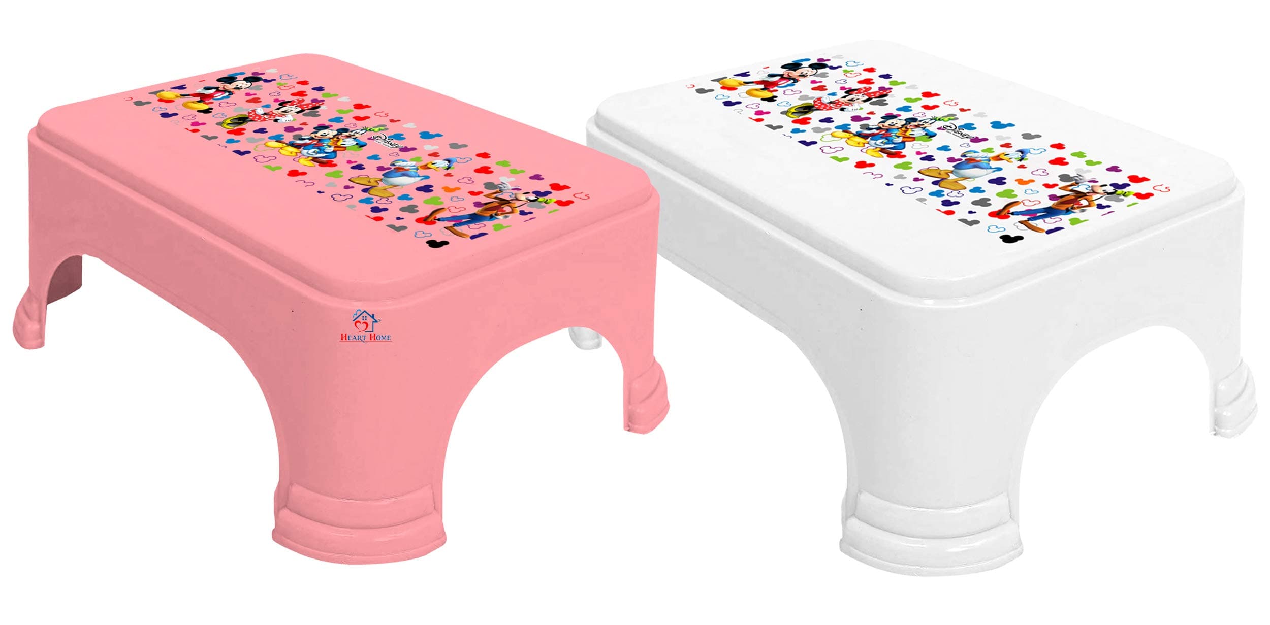 Disney Team Mickey Print Square Plastic Bathroom Stool, (Set of 2, Pink & White) -HS_35_HEARTHS17290