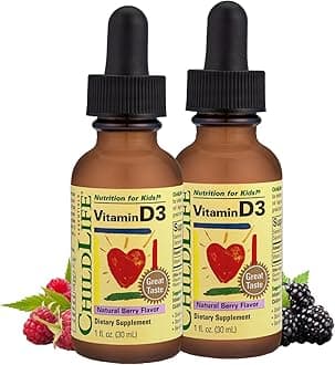 CHILDLIFE ESSENTIALS Vitamin D3 - Vitamin D Drops for Kids, 500 IU, Supports Immune, Heart & Bone Health, All-Natural, Gluten-Free, Non-GMO - Natural Berry Flavor, 1 Fl Oz Bottle (Pack of 2)
