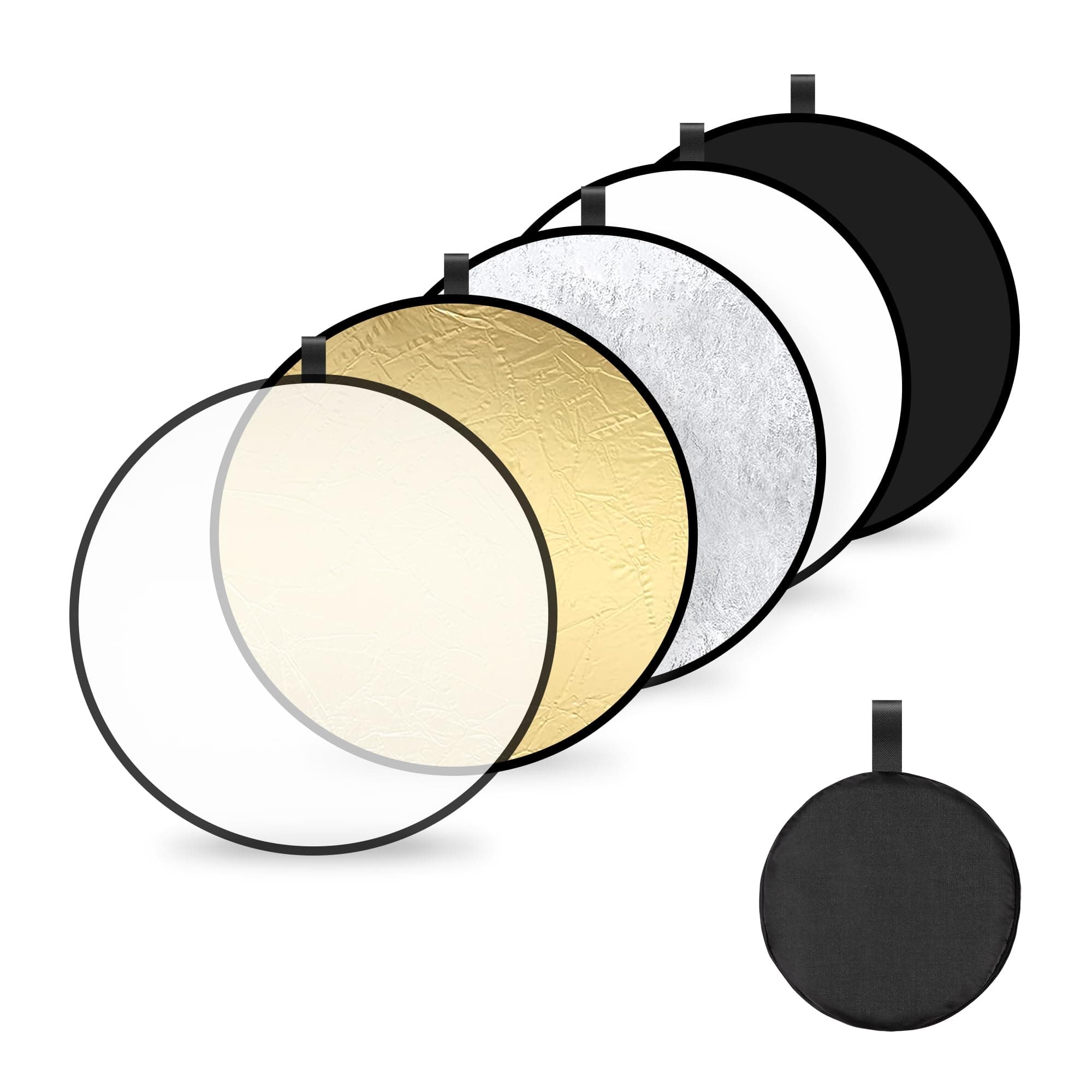5 in 1 Light Reflector 30cm Portable Round Photography Diffuser Collapsible for Photo Studio Portrait Product Indoor Outdoor Shooting (Translucent/Silver/Gold/White/Black)