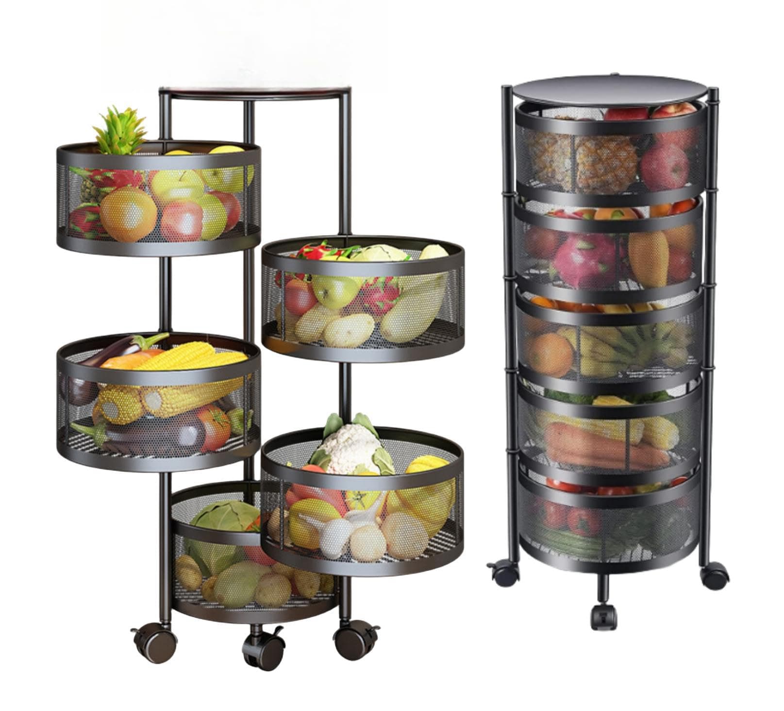 5 Tier Kitchen Storage Shelf, Rotatable Fruit Vegetable Basket, Circular Rotating Basket Large Storage Rack with 4 Movable Wheels