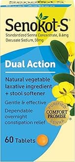 Senokot-S Dual Action 60 Tablets, Natural Vegetable Laxative Ingredient Plus Stool Softener Tablets, Gentle Dependable Overnight Relief of Occasional constipation White