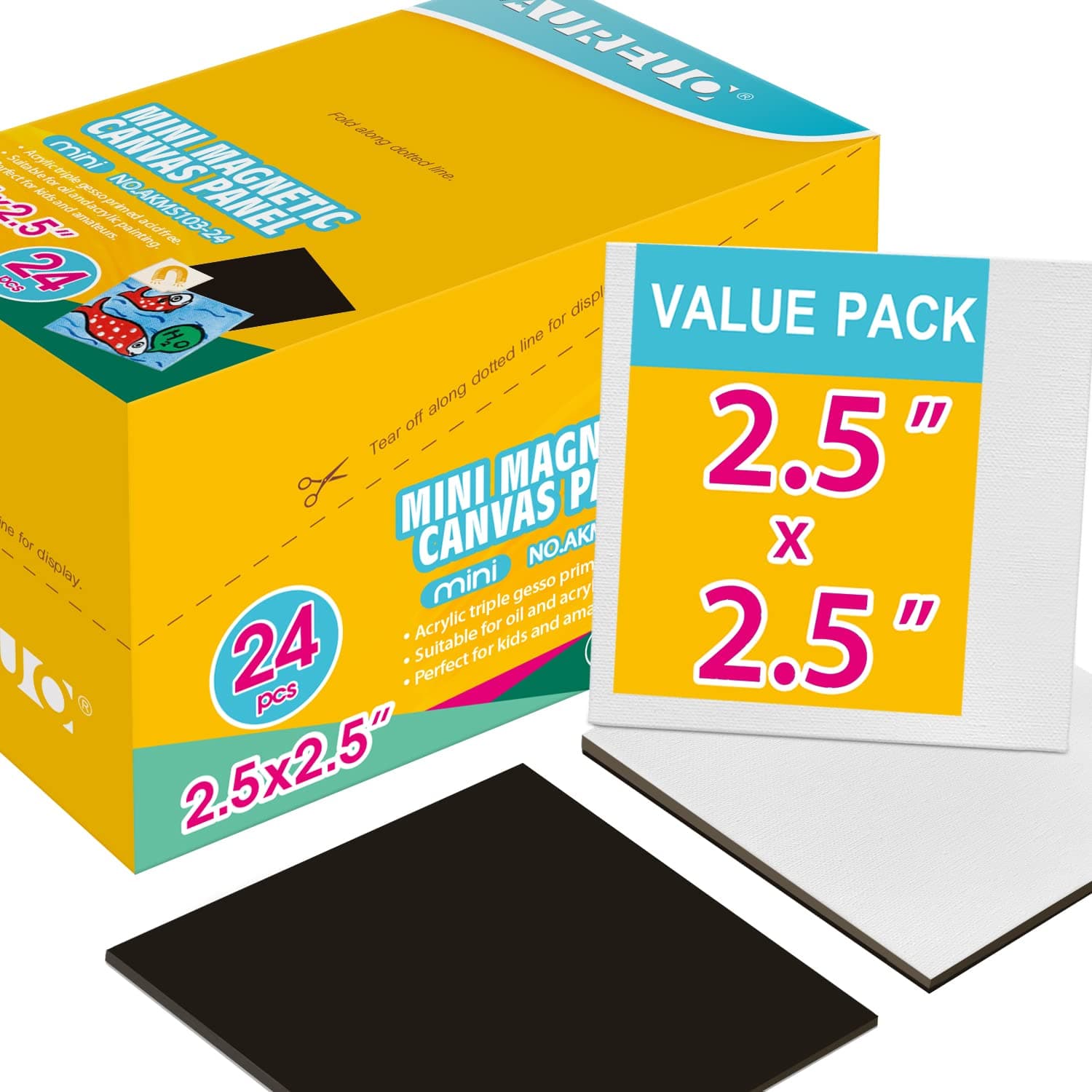AUREUO Mini Magnetic Canvas Panel 2.5x2.5 Inch / 24 Pack - Small Square Flat Canvas Board with Magnet Back Art Gift Set Bulk Pack Tiny Thin Canvases for Painting & Craft