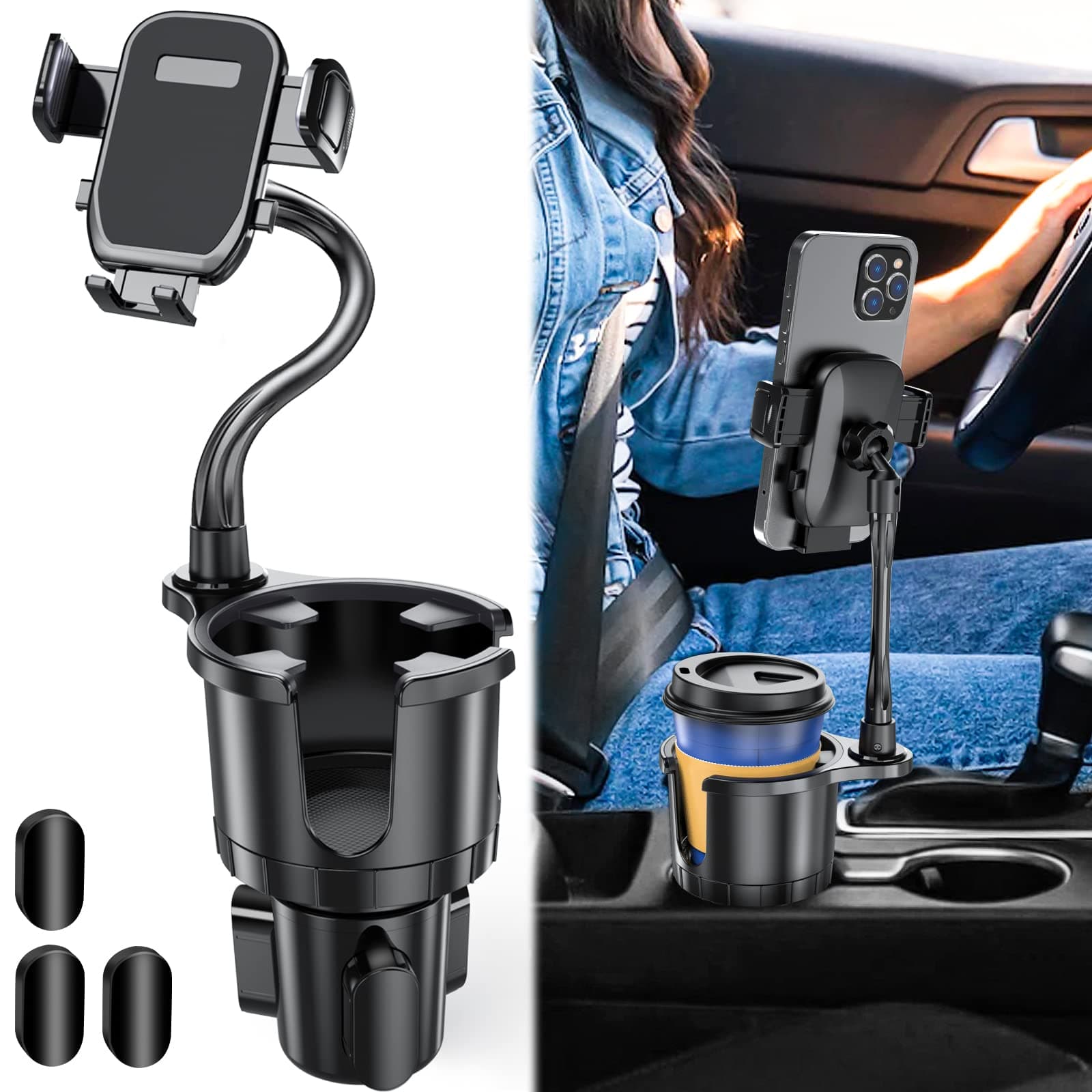 Cup Phone Mount for Car, 2 in 1 Adjustable Cup Holder Expander with 360° Rotation Gooseneck Cellphone Holder Fits All Smartphones,Universal Cup Holder Adapter Hold Up to 17-40 oz Drink