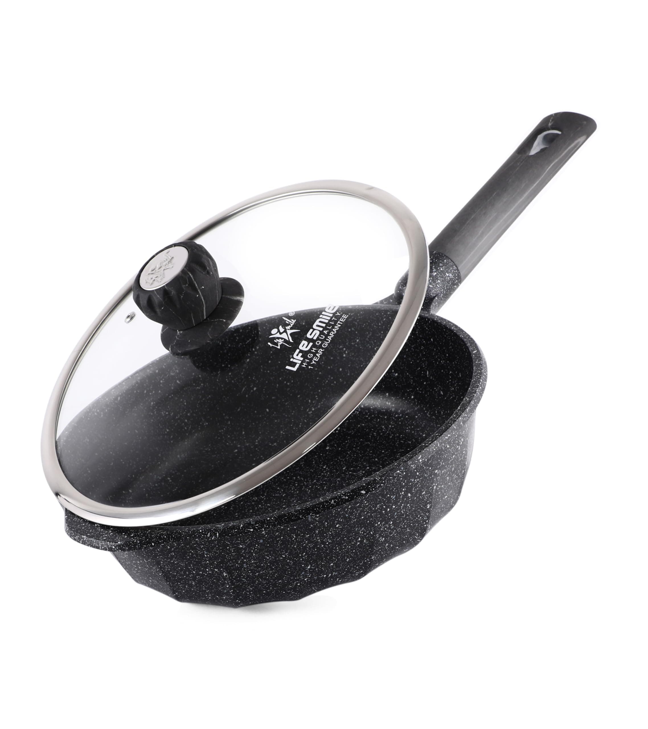 LIFE SMILE Deep Frying Pan With Lid - Multi Layer Granite Coating Non Stick Saute Pan | Stay Cool Handle With Hanging Loop | Oven Safe (Black, 28 CM(4.2 Liter,Induction))