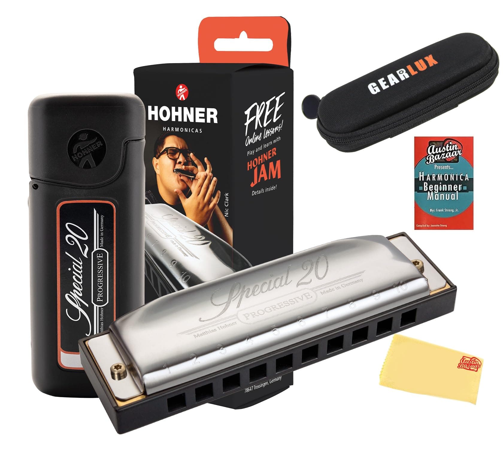 Hohner Special 20 Harmonica - Key of C Bundle with Zip Case, Instructional Manual, and Austin Bazaar Polishing Cloth