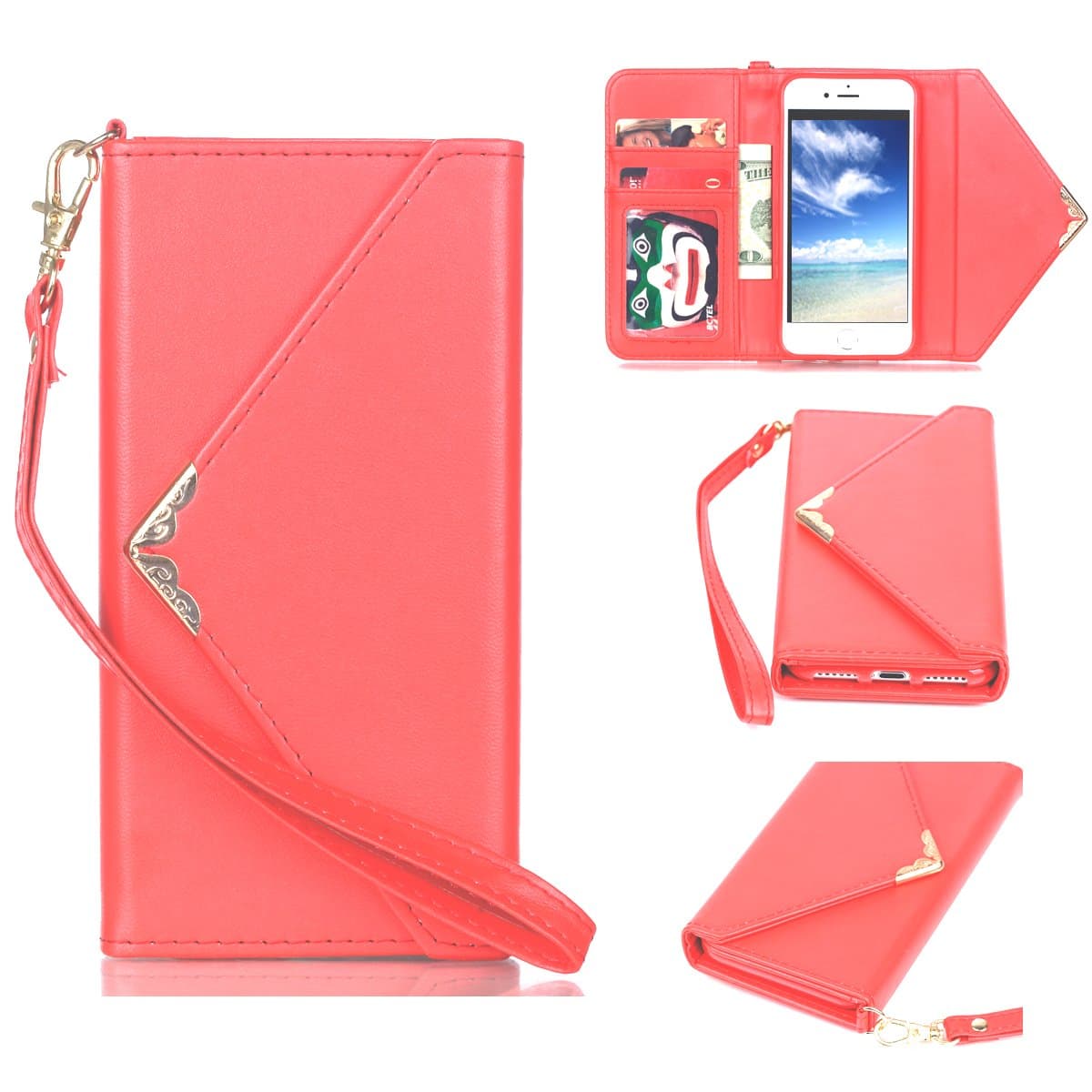 iPhone 7 Case,iPhone 7 Wallet Case, Rjazz Envelope Flip Handbag Shell Women PU Leather Wallet Holster Magnetic Folio Cover Cases With Card Holder Wrist Strap for Apple iphone 7 4.7"-Red