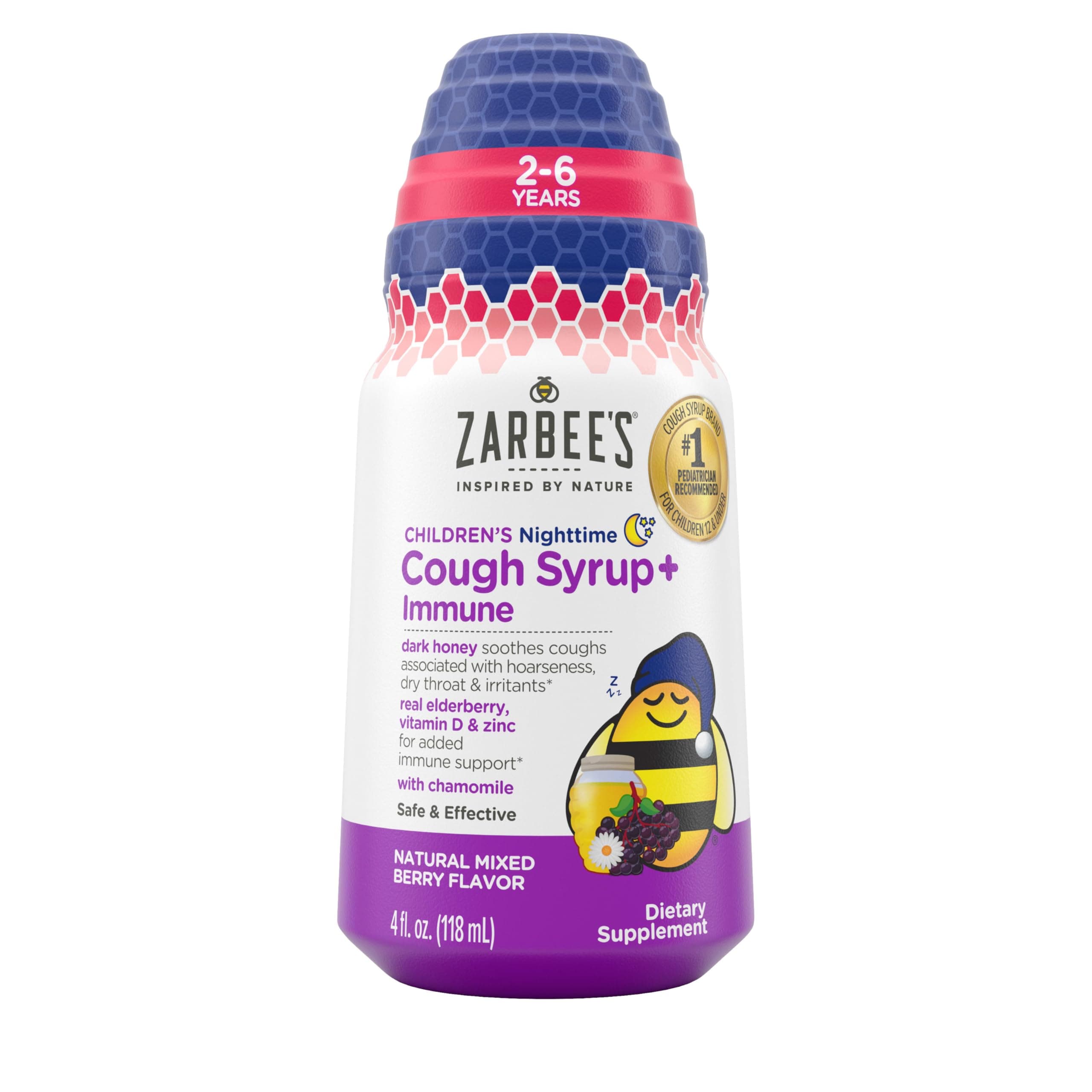 Zarbee's Children's Nighttime Honey Cough Syrup + Immune for Kids 2+, Cough Syrup with Soothing Dark Honey, Real Elderberry, Vitamin D & Zinc, & Chamomile, Drug-Free, Mixed Berry, 4 fl. oz