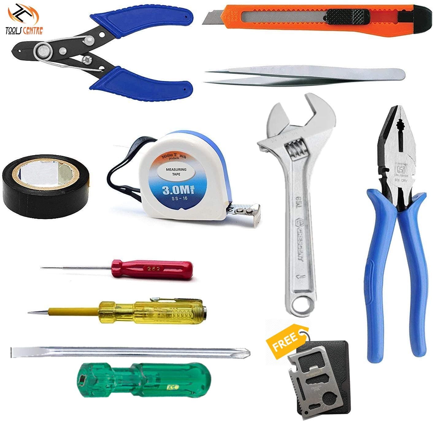 KROST Beginner 11 in 1 Home Tool Kit Set (Plier, Screwdriver Set, Adjustable Wrench, Measuring Tape, Line Tester, Wire Stripper)