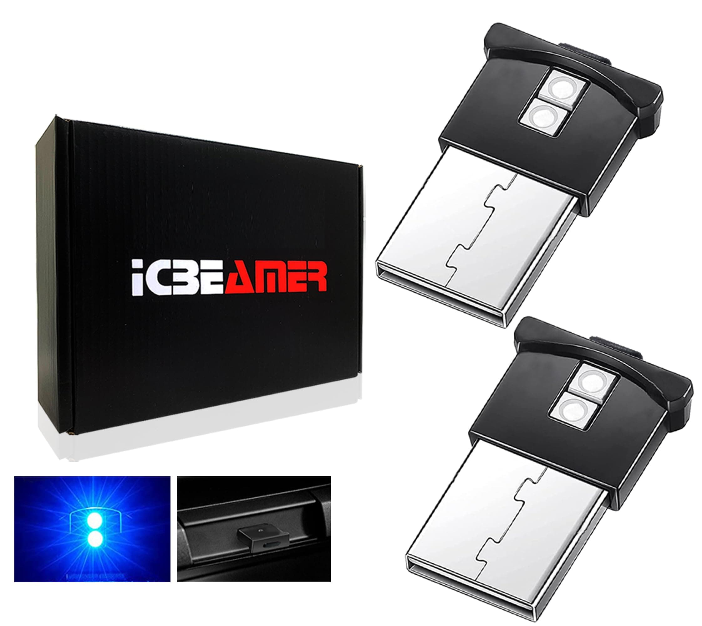 ICBEAMER Mini Smart USB Type-A 2-Pack (Blue) | LED Night Light for Car Interior, Trunk, Center Console, Easy Plug-in, Enhance Automotive Ambiance, Perfect for Night Use