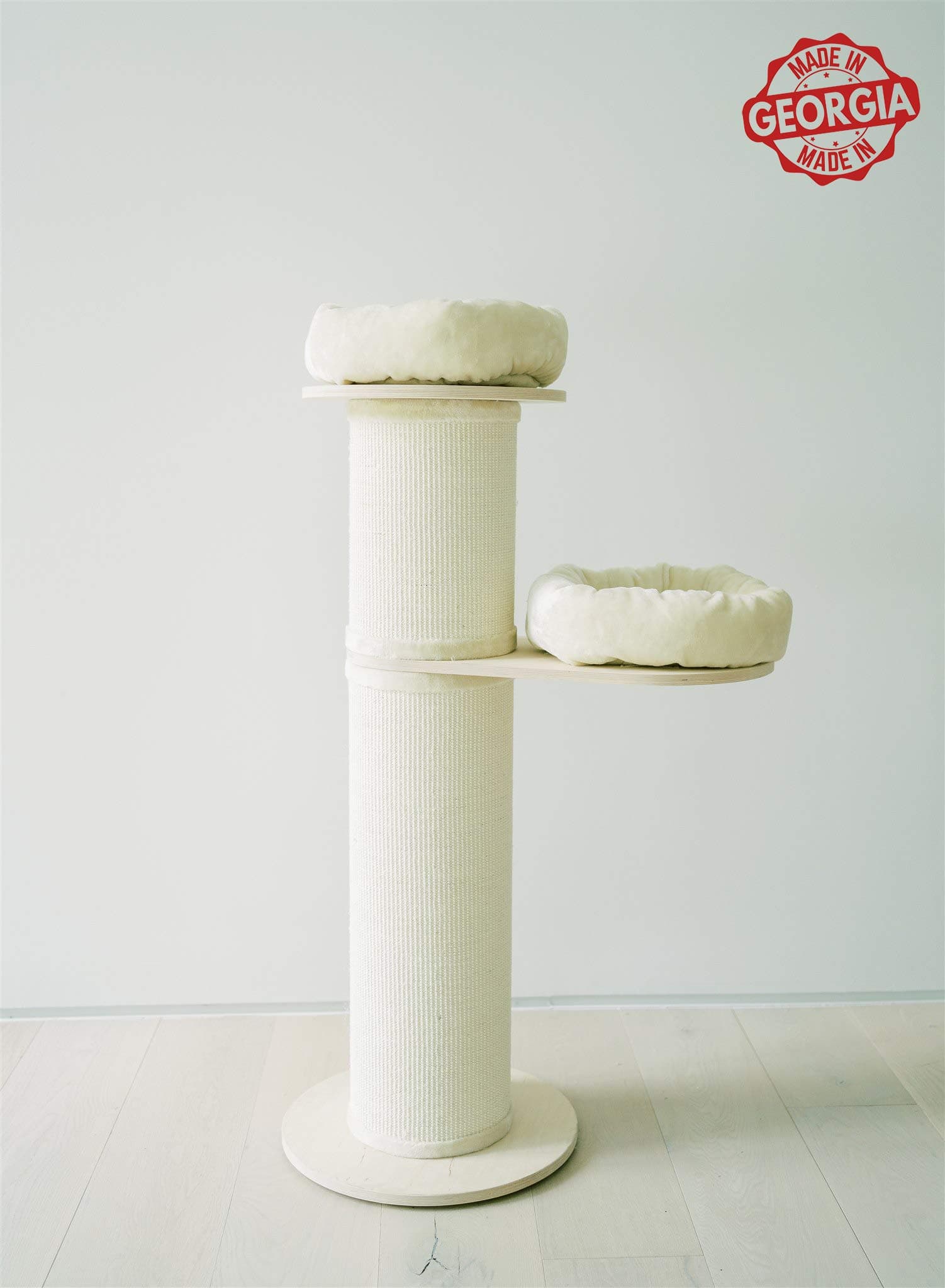 Large Cat Tree Bed and Scratching Tower Posts for Cats and Kittens, 54", Indoor Cat Furniture with Scratching Column, 2 Large Beds, Made from Natural Birch Wood & Natural Sisal Matting, Cream