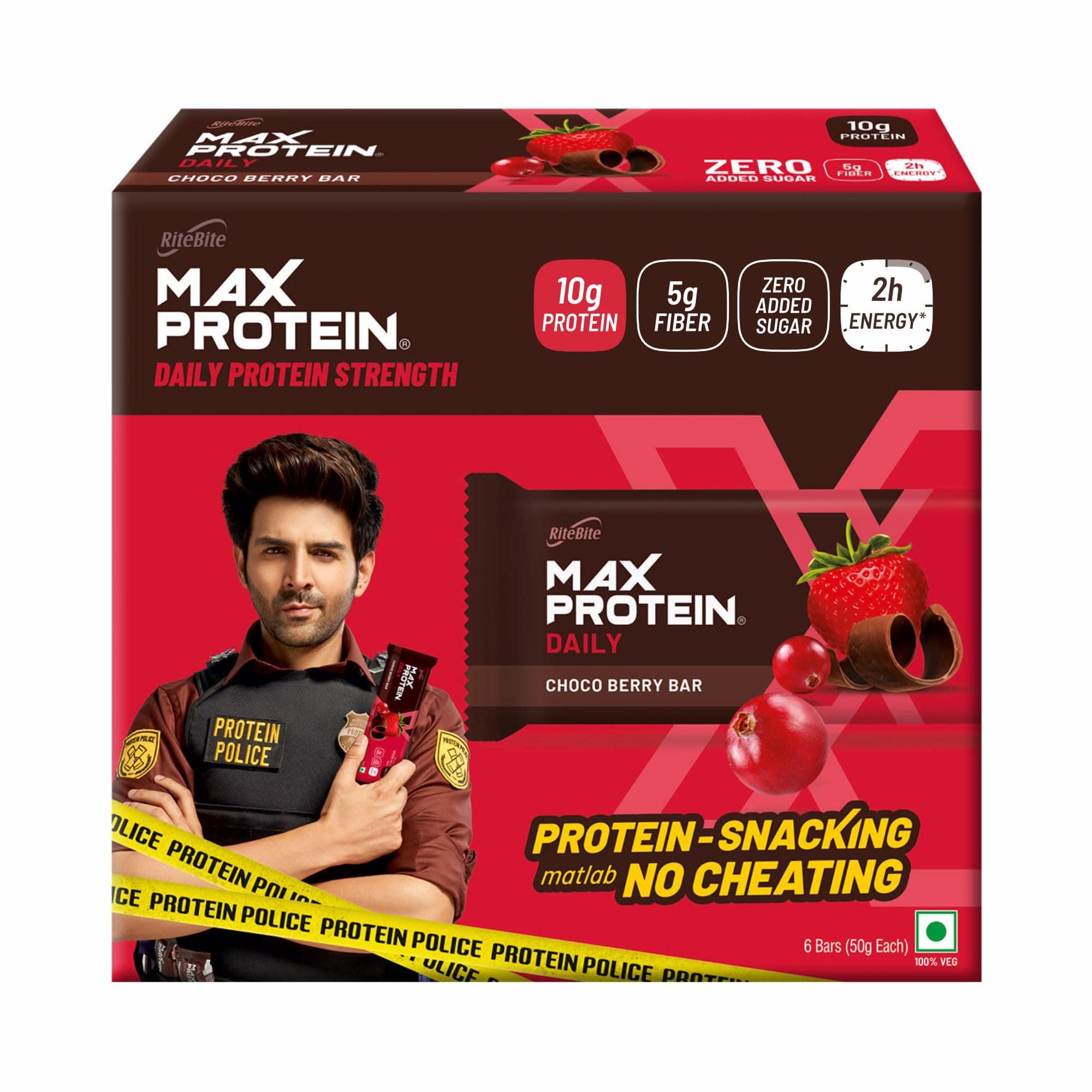 RiteBite Max Protein Daily Choco Berry Protein Bars with 10g Protein, 5g Fiber & 21 Vit. & Minerals | 0 Added Sugar, No Cholesterol & Trans Fat For Upto 2h of Energy, Healthy Snack, 50g (Pack of 6)