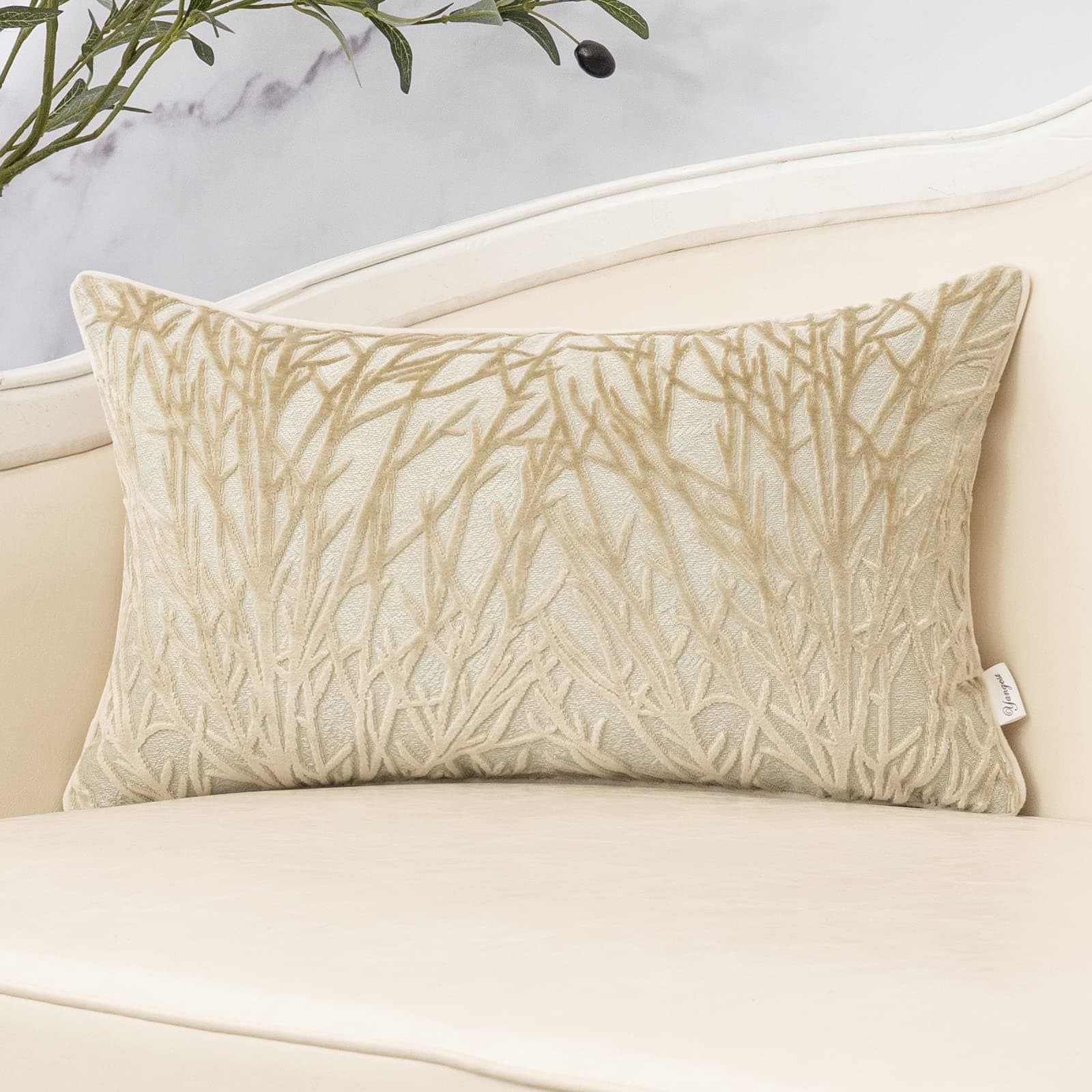 Yangest Beige Throw Pillow Cover Velvet Cushion Cover Branches Rectangular Neutral Pillowcase for Sofa Couch Bedroom Living Room, 12x20 Inch