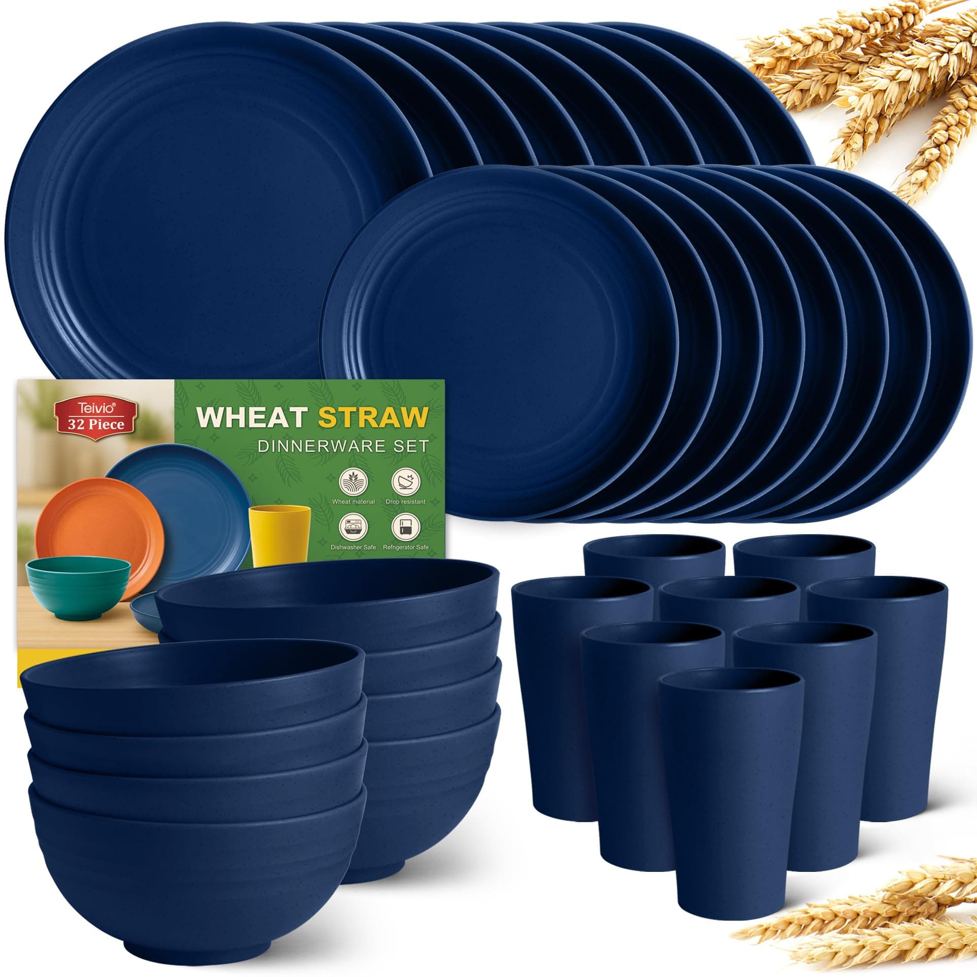 Teivio 32-Piece Kitchen Plastic Wheat Straw Dinnerware Set, Service for 8, Dinner Plates, Dessert Plate, Cereal Bowls, Cups, Unbreakable Plastic Outdoor Camping Dishes, Midnight Blue