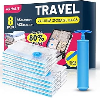 Travel Vacuum Storage Bags with Hand Pump, 8 Pack (4S+4XS) Vacuum Seal Bag Travel Essentials Space Saving Bags for Clothes, Luggage, Carry-on Suitcase, Backpack, Holiday Business Trip