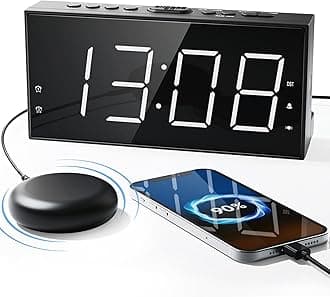 Loud Alarm Clock with Bed Shaker for Heavy Sleeper, Dual Vibrating Alarm Clock with USB Charger for Hard of Hearing/Deaf, 7.5’’ Large LED Display with Dimmer, Snooze, 12/24H & Battery Backup
