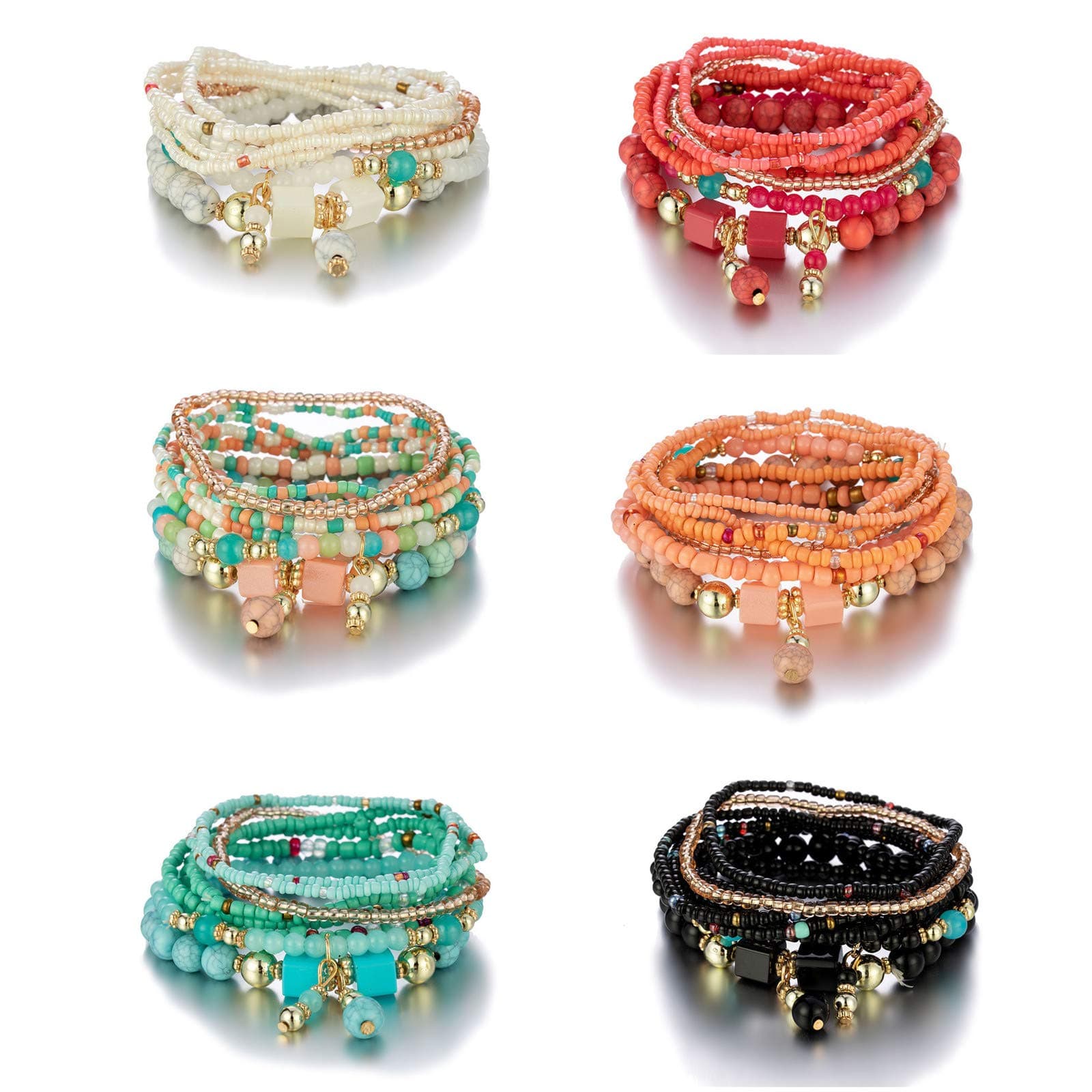 CaiyaoBohemian Stackable Bead Bracelets Multilayered Stretch Bracelet Set Multicolor Jewelry Sets Boho Pendant Charm Bangles Bracelet Handmade Tassel Strand Bracelet for Women Girls