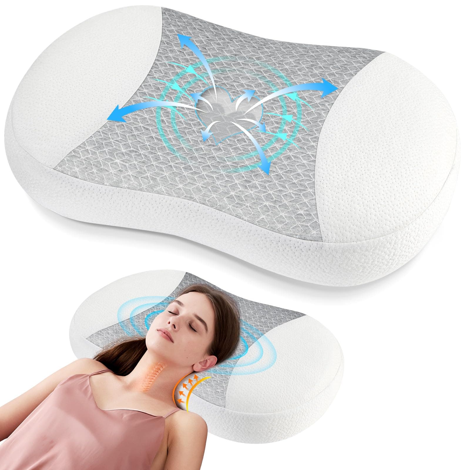 Memory Foam Neck Pillows for Pain Relief Sleeping,Cervical Memory Foam Pillow,Ergonomic Orthopedic Neck Contoured Support Bed Pillow for Side,Back and Stomach Sleepers