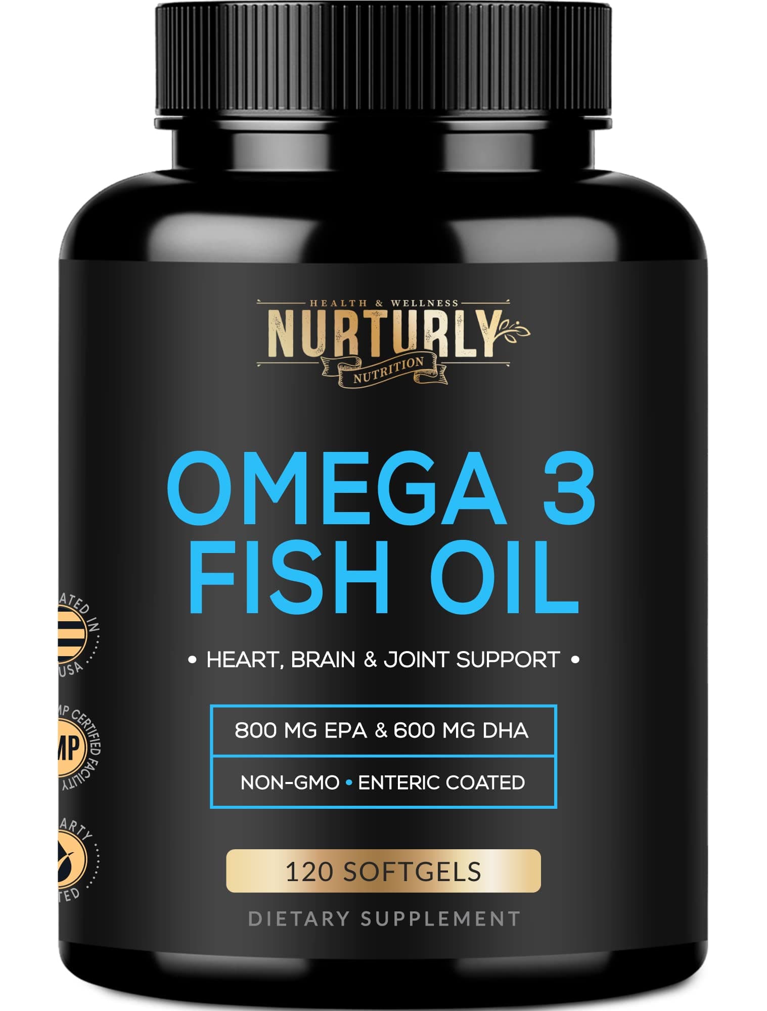 Omega 3 Fish Oil 2000mg, 800mg EPA and 600mg DHA - Enteric Coated and Burpless - Supports Brain, and Heart - Burpless, Non-GMO, 3rd Party Lab Tested and NSF Certified - 120 Softgels