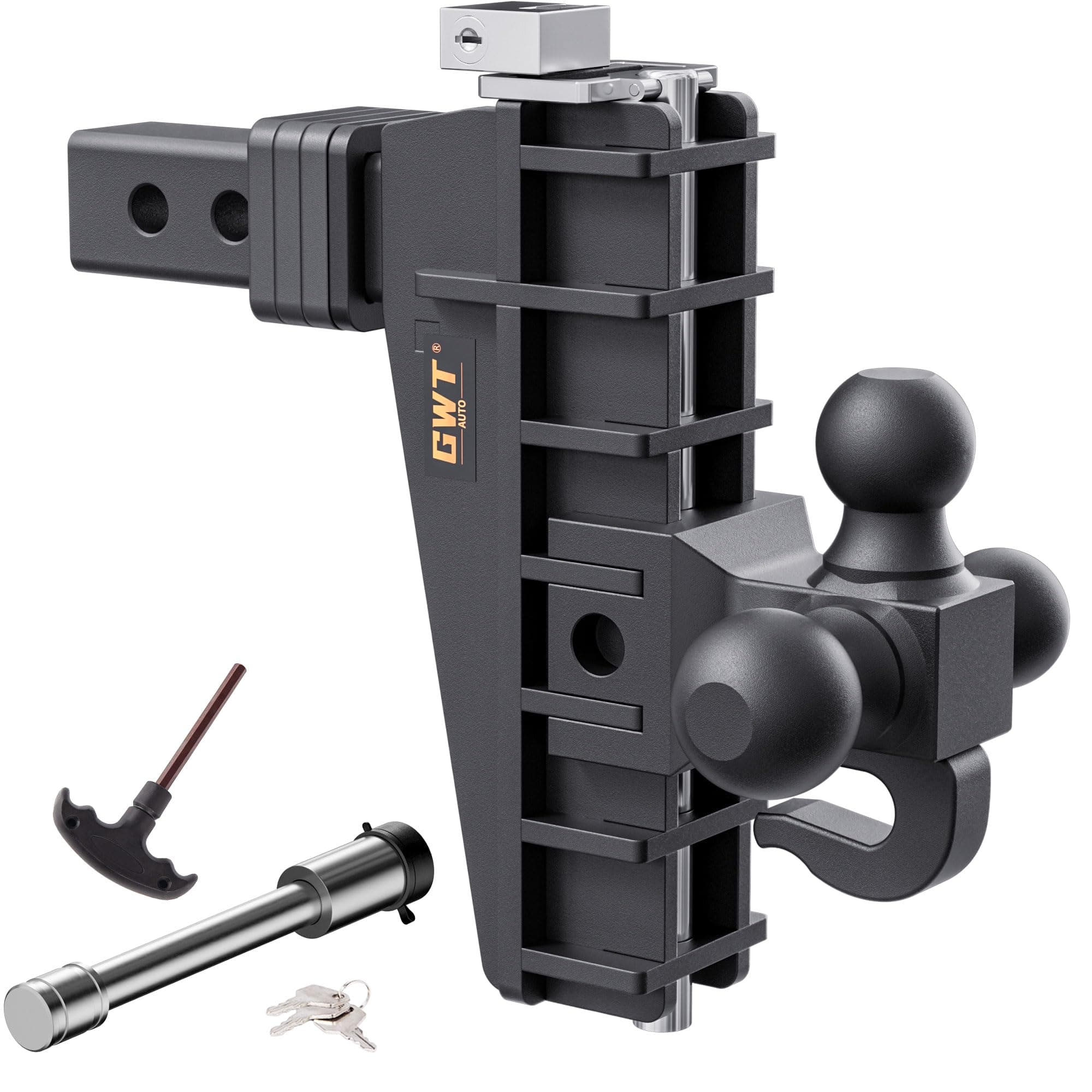 - Adjustable Trailer Hitch with Hook, Tri-Ball (1-7/8" x 2" x 2-5/16") Drop Hitch, Fits 2-Inch Receiver, 8 Inch Drop Hitch, 18500 LBS GTW-Class 3 Tow Hitch for Heavy Duty Truck, Black, Solid Ball Mount