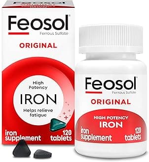 Feosol Original Iron Supplement Tablets, Non-heme, 65mg Iron per Pill, 1 Per Day, 120ct, 4 Month Supply, for Energy and Immune System Support, Made in USA