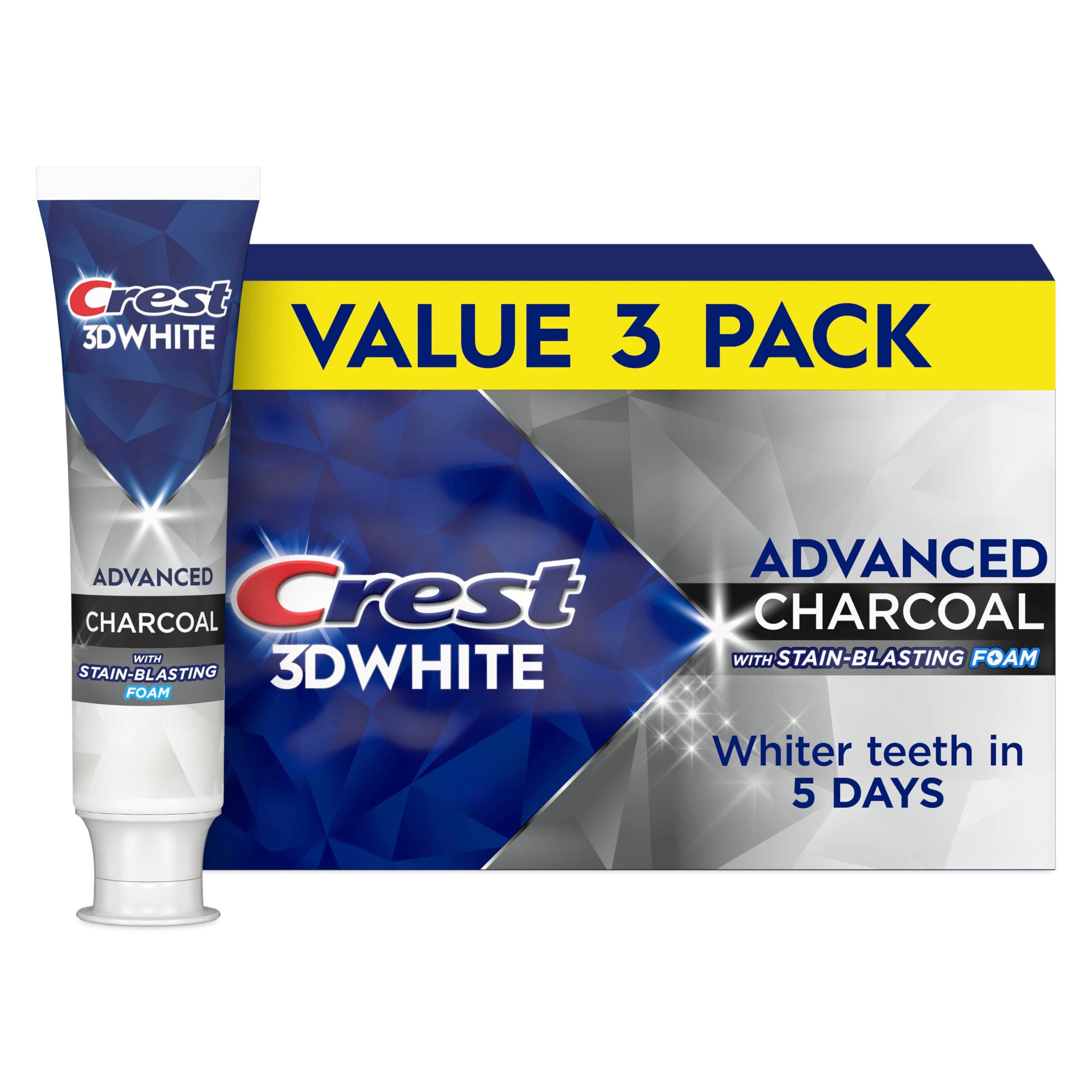Crest 3D White Advanced Charcoal Teeth Whitening Toothpaste with Fluoride, 3.3 oz, Pack of 3