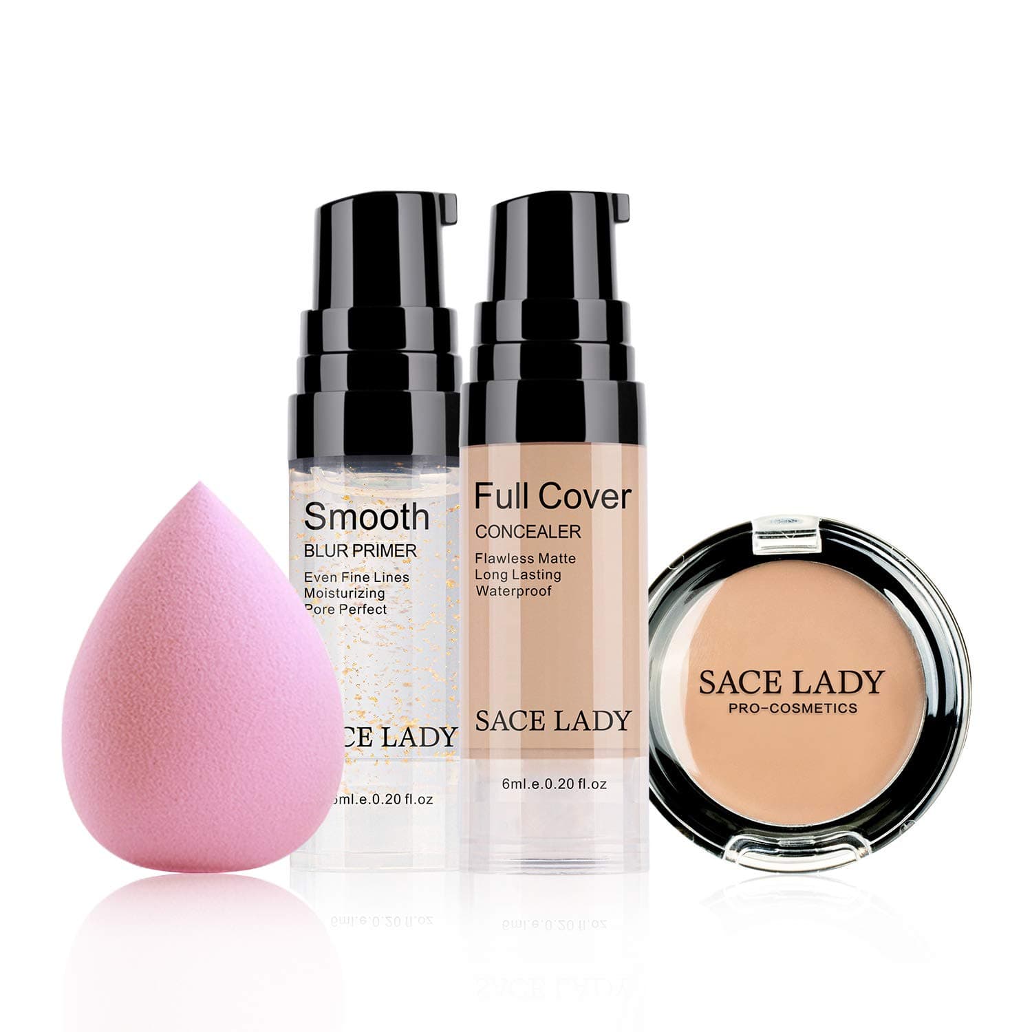 SACE LADY Waterproof Full Coverage Concealer With Primer Sponge Set, Smooth Matte Flawless Creamy Liquid Foundation Corrector Makeup Kit for Eye Dark Circles Spot Acne Scar Cover (Warm Natural)